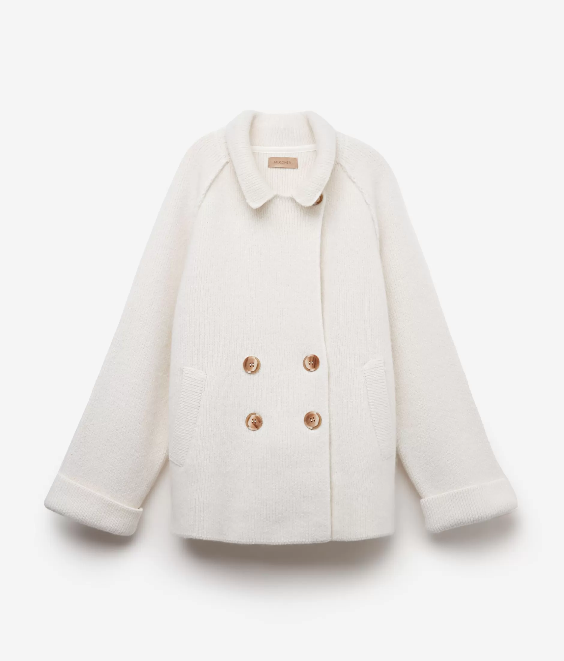 Elegante Cappotto in Lana di Alpaca Falconeri Doppiopetto - Bianco con Dettaglio a Fiocco, Mod.8005