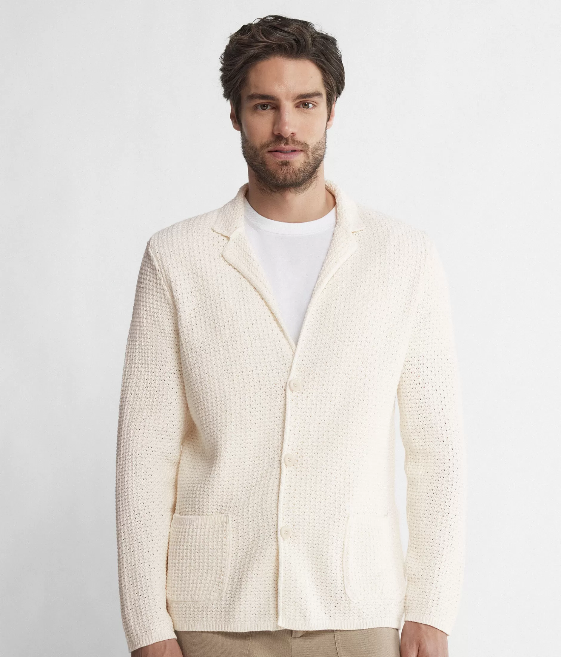 Giacca Falconeri in Maglia Trama Basket Cod. 8182 - Lana Merino Confortevole Autunno/Inverno 2023, Colore Crema Naturale con Rifiniture Morbide