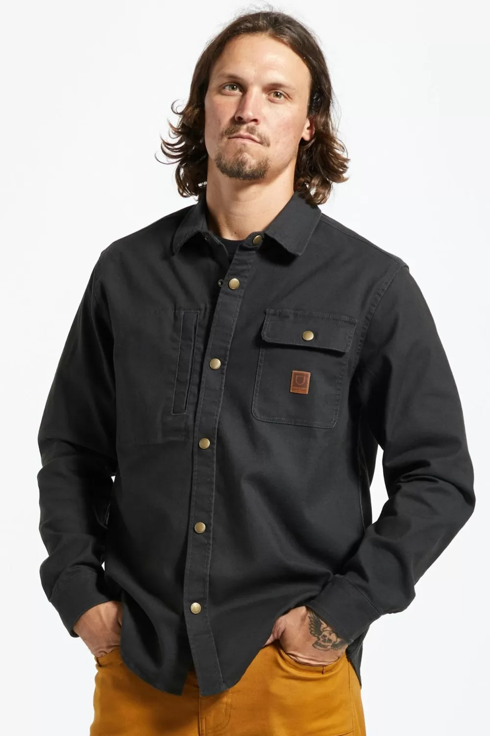 Brixton Builders Overshirt Elasticizzata - Manica Lunga con Bottoni Frontali, Stile Casual Confortevole