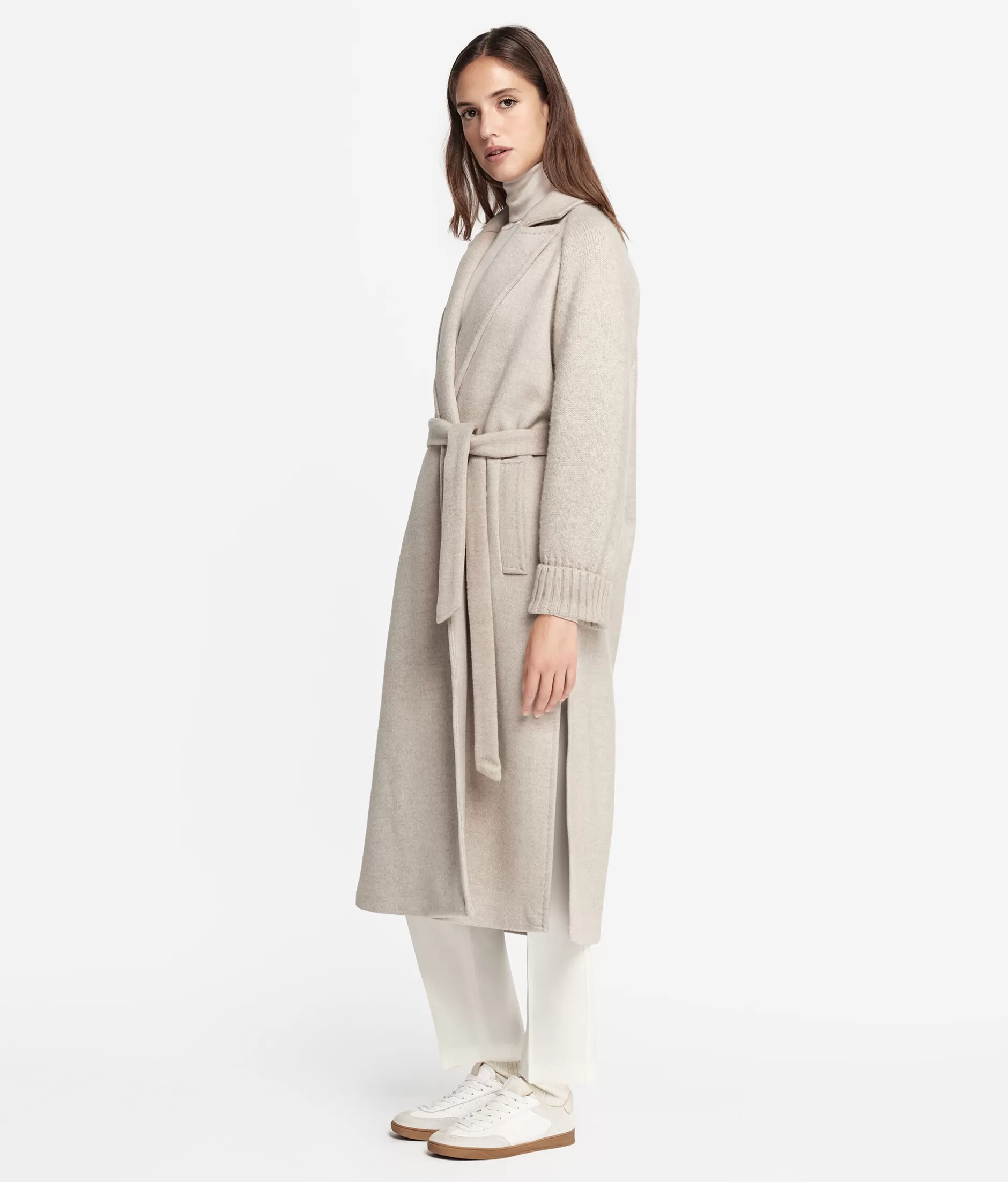 Falconeri Outlet Cappotto in Lana Cashmere con Maniche a Maglia - Design Morbido ed Elegante per Autunno-Inverno, Colore Grigio Pietra Naturale (Codice 8176)