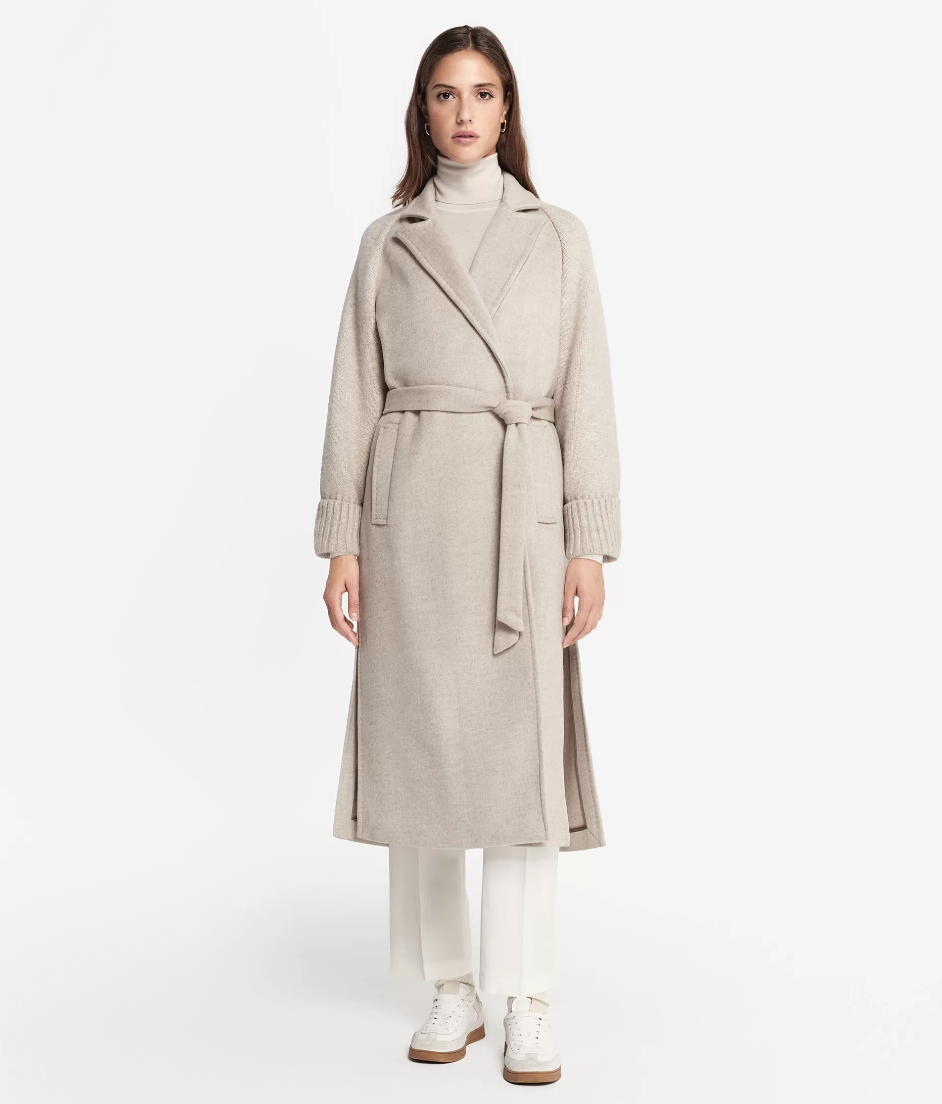 Falconeri Outlet Cappotto in Lana Cashmere con Maniche a Maglia - Design Morbido ed Elegante per Autunno-Inverno, Colore Grigio Pietra Naturale (Codice 8176)