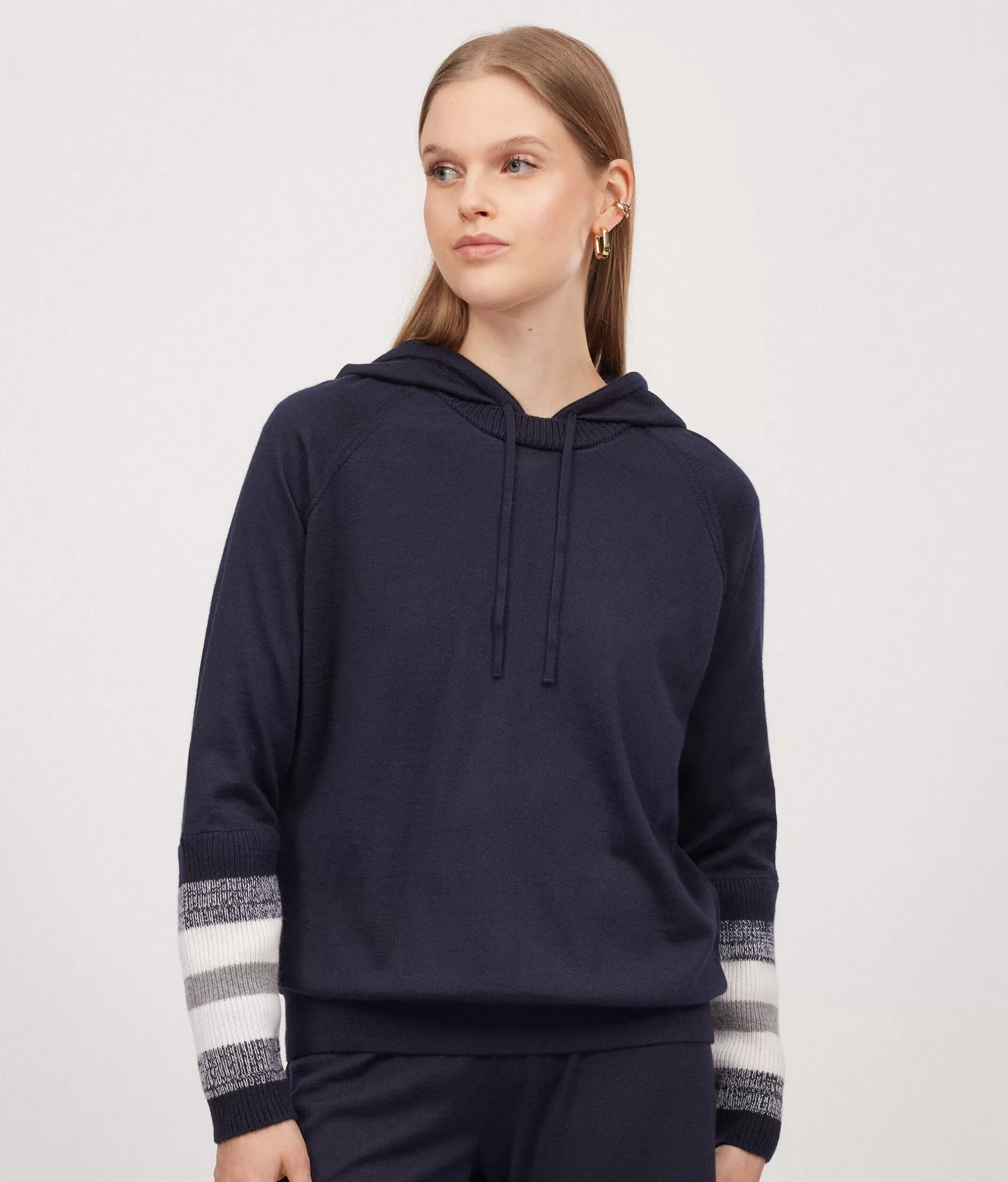 Offerta Lampo: Felpa in Lana Cashmere Falconeri con Bordi a Coste - Doppia Tonalità Blu Scuro e Navy