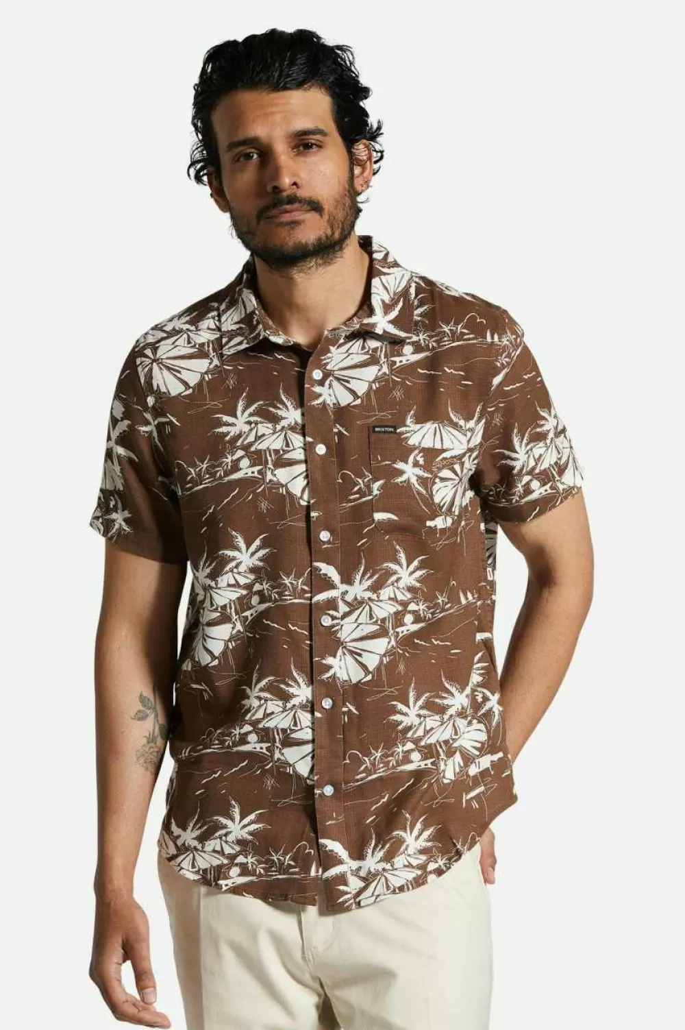 Brixton Camicia Slub Charter Manica Corta - Tessuto Trama Ruvida con Bottoni Frontali