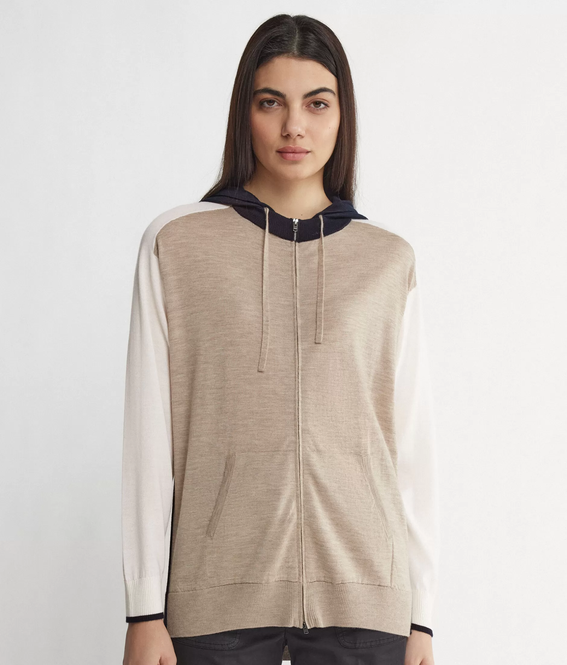 Falconeri Felpa con Zip in Puro Cashmere - Dettagli Color Block e Tonalità Oat Melange | Mod. 8983