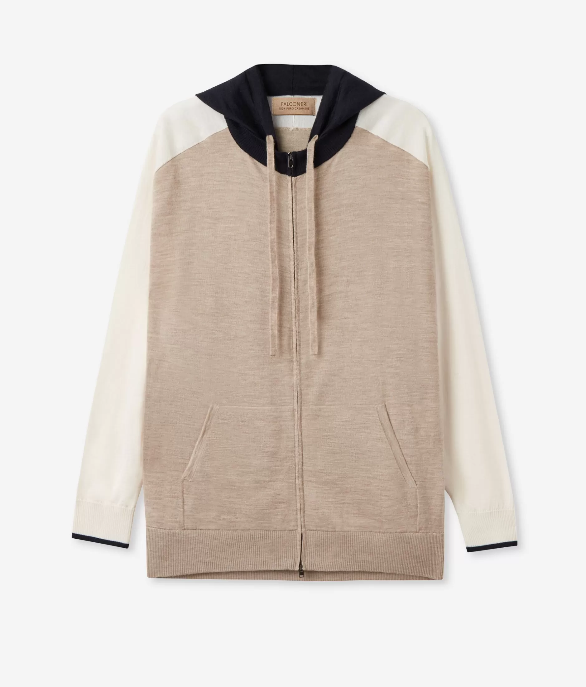 Falconeri Felpa con Zip in Puro Cashmere - Dettagli Color Block e Tonalità Oat Melange | Mod. 8983