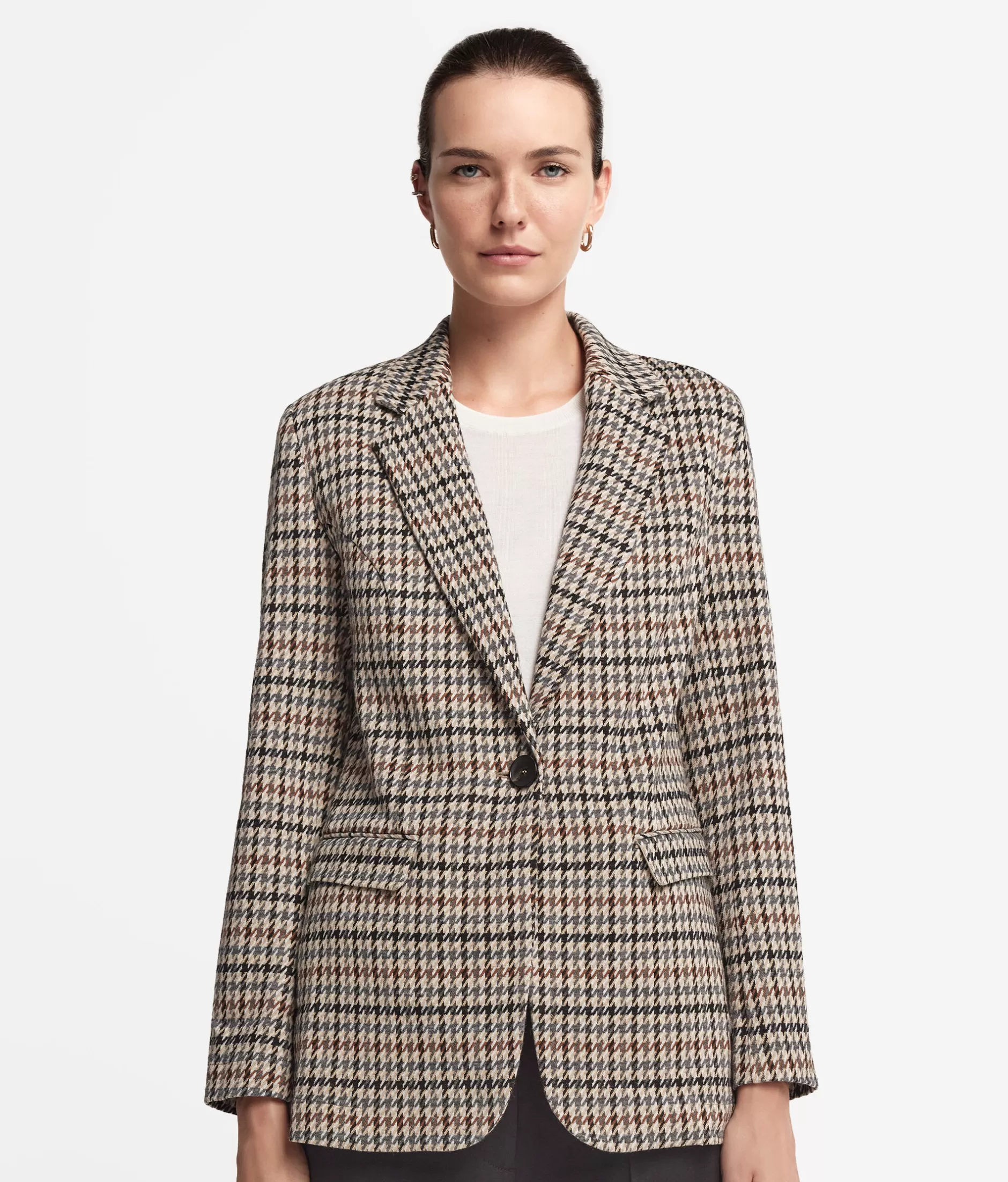 Giacca Stagionale Falconeri in Lana e Cotone - Motivo Houndstooth Marrone Naturale con Tonalità Multicolori