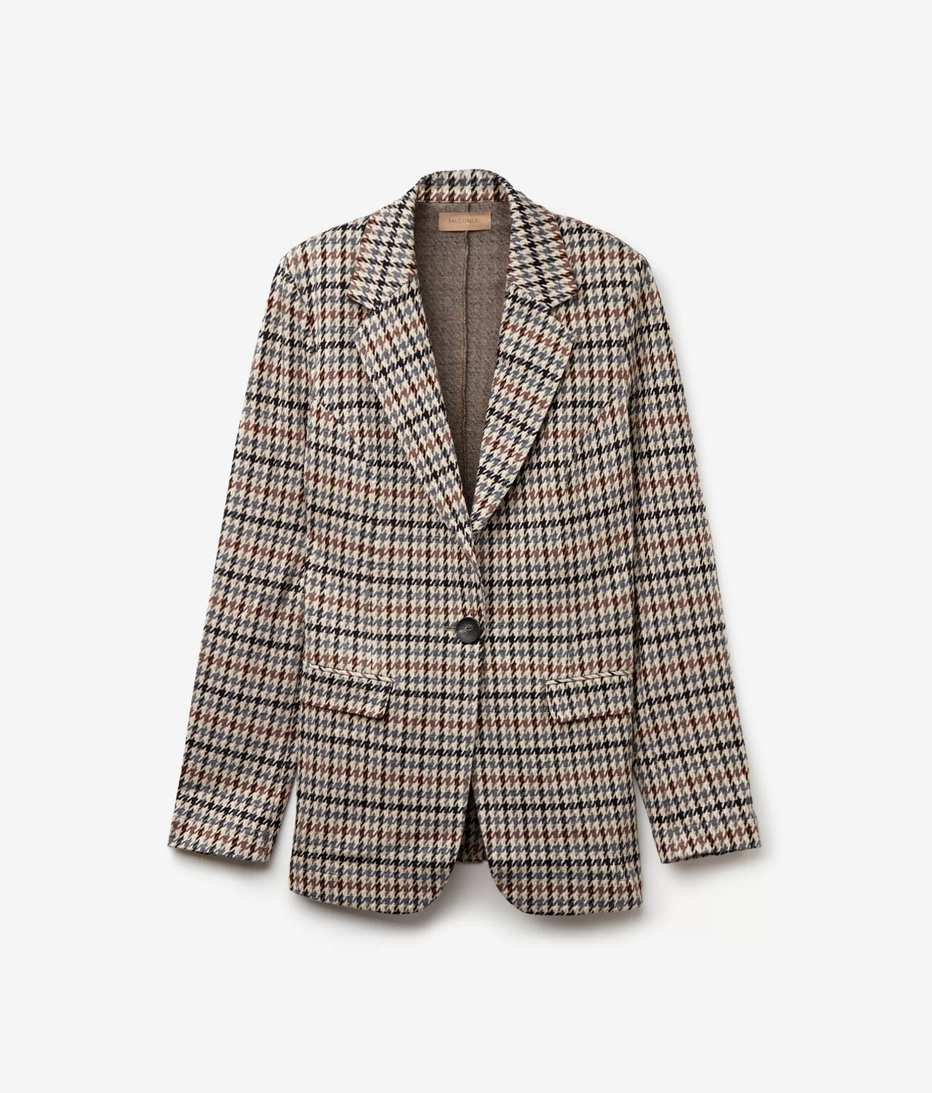 Giacca Stagionale Falconeri in Lana e Cotone - Motivo Houndstooth Marrone Naturale con Tonalità Multicolori