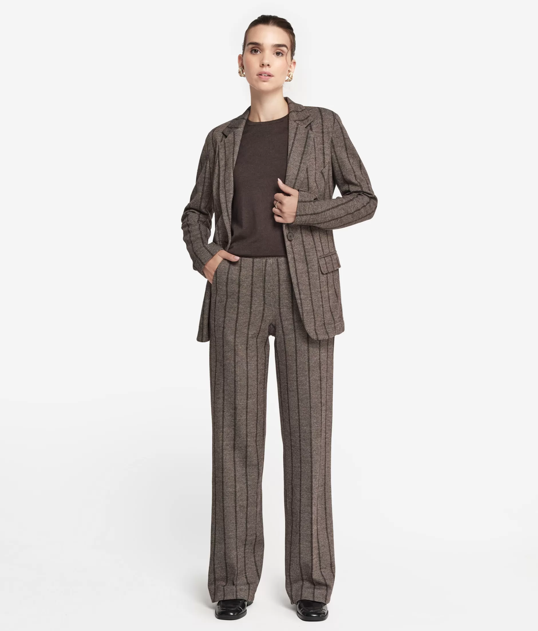 Pantaloni Palazzo FALCONERI in Trama Rigata - Tessuto Misto Cotone-Lana, Collezione Saldi - Marrone Naturale (Cod.8051)