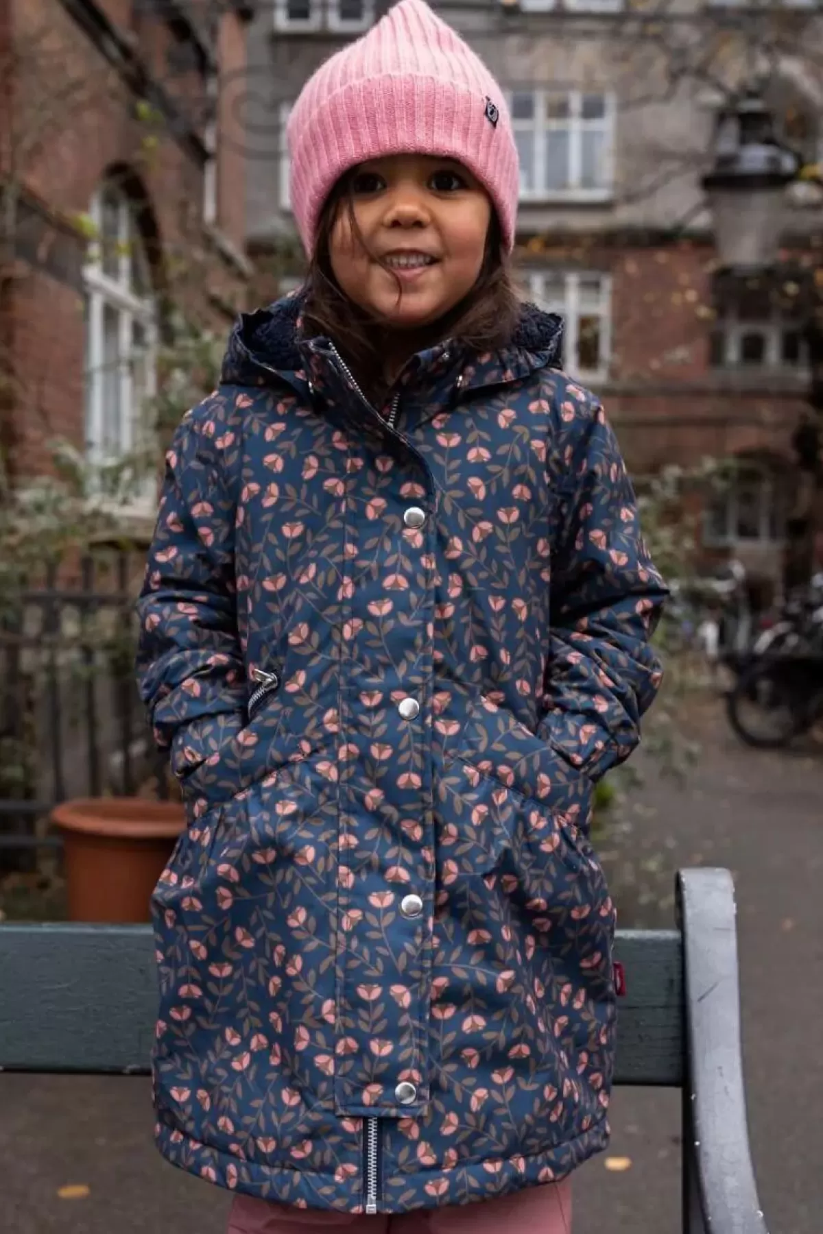 Børn Danefæ - Giacca Invernale Impermeabile Danapple con Cappuccio, Blu Navy e Motivo Fleurie