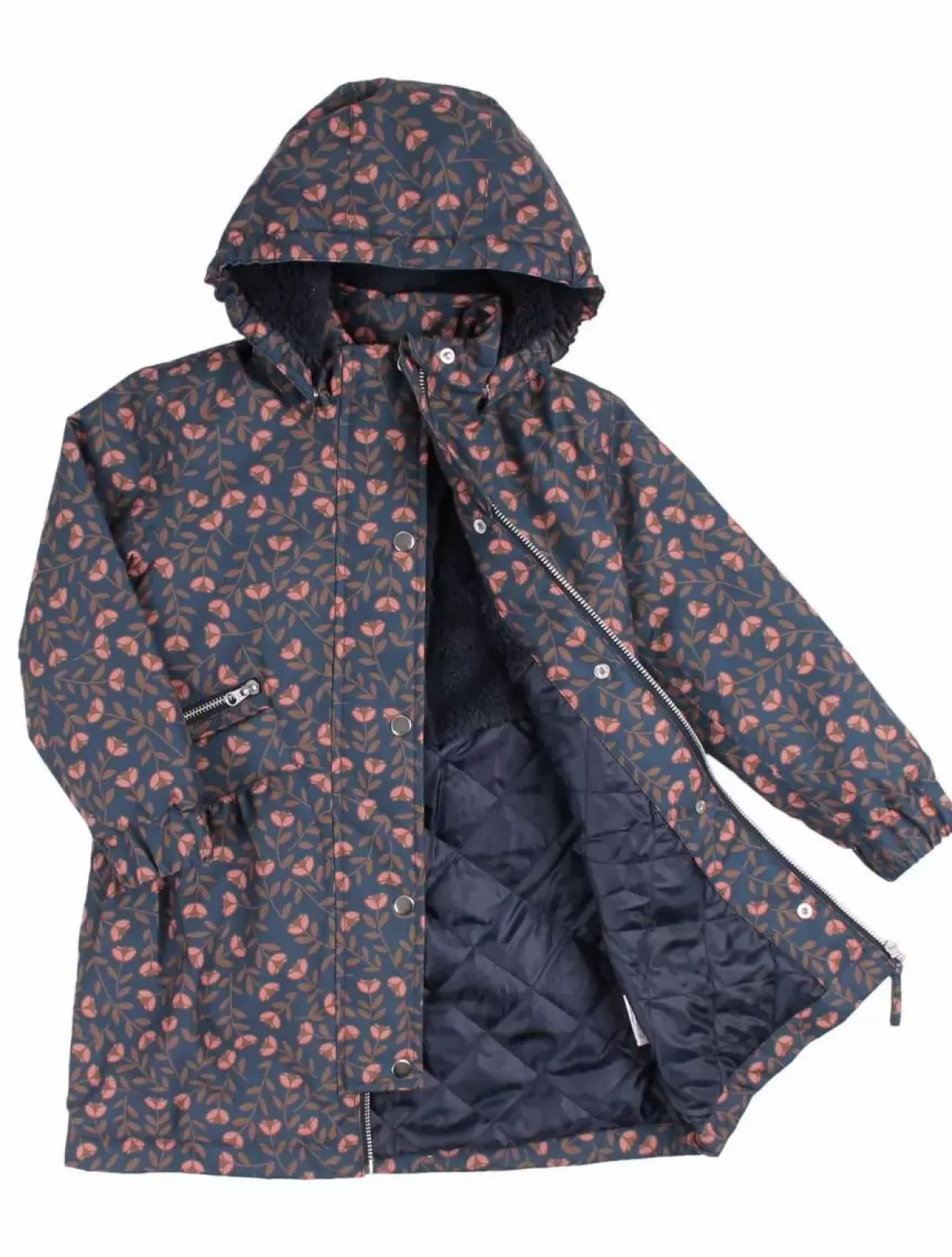 Børn Danefæ - Giacca Invernale Impermeabile Danapple con Cappuccio, Blu Navy e Motivo Fleurie