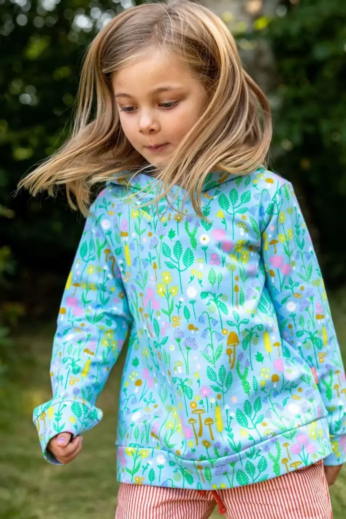 Felpa con Cappuccio Børn Danebirch - Azzurro Chiaro con Motivo Botanico per Bambini