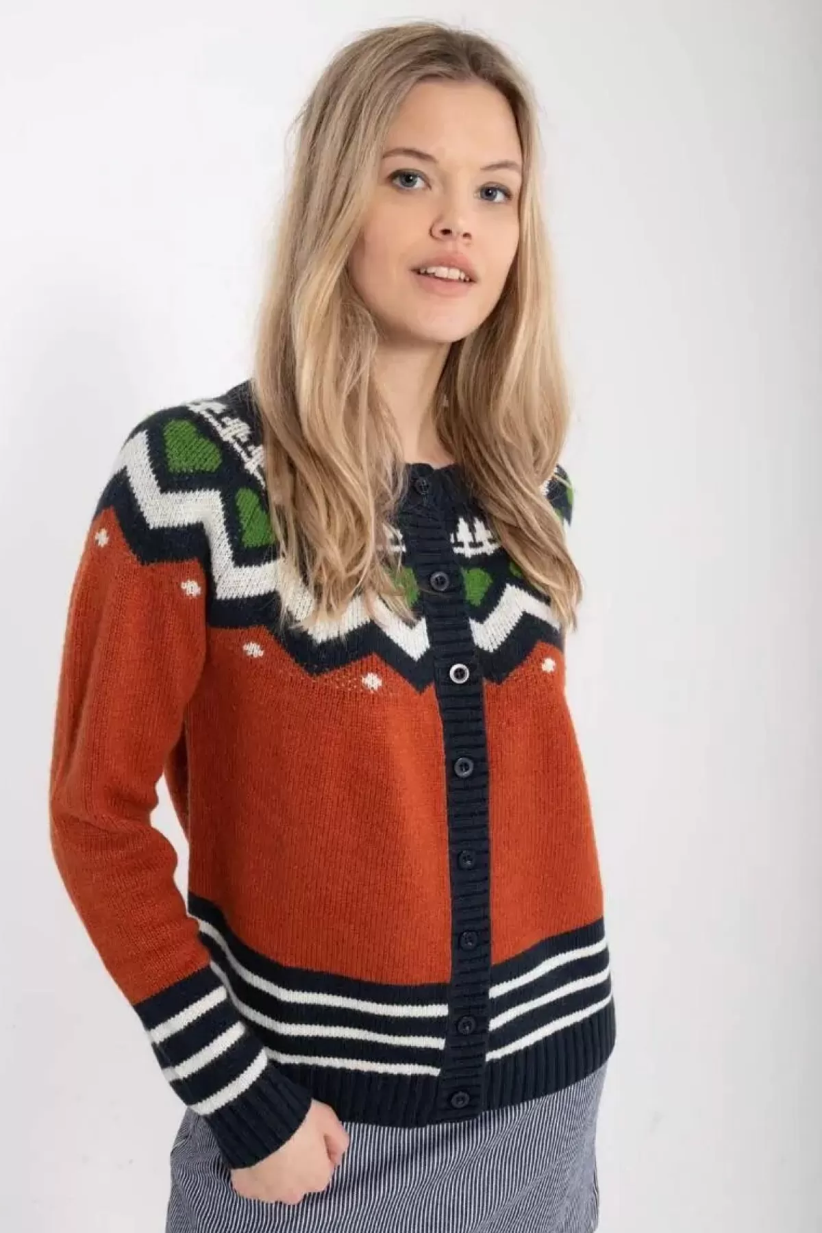 Danehareskov - Cardigan Donna in Tinta Mattonella, Blu Marino e Crema - Maglione Casual con Finiture Contrastanti