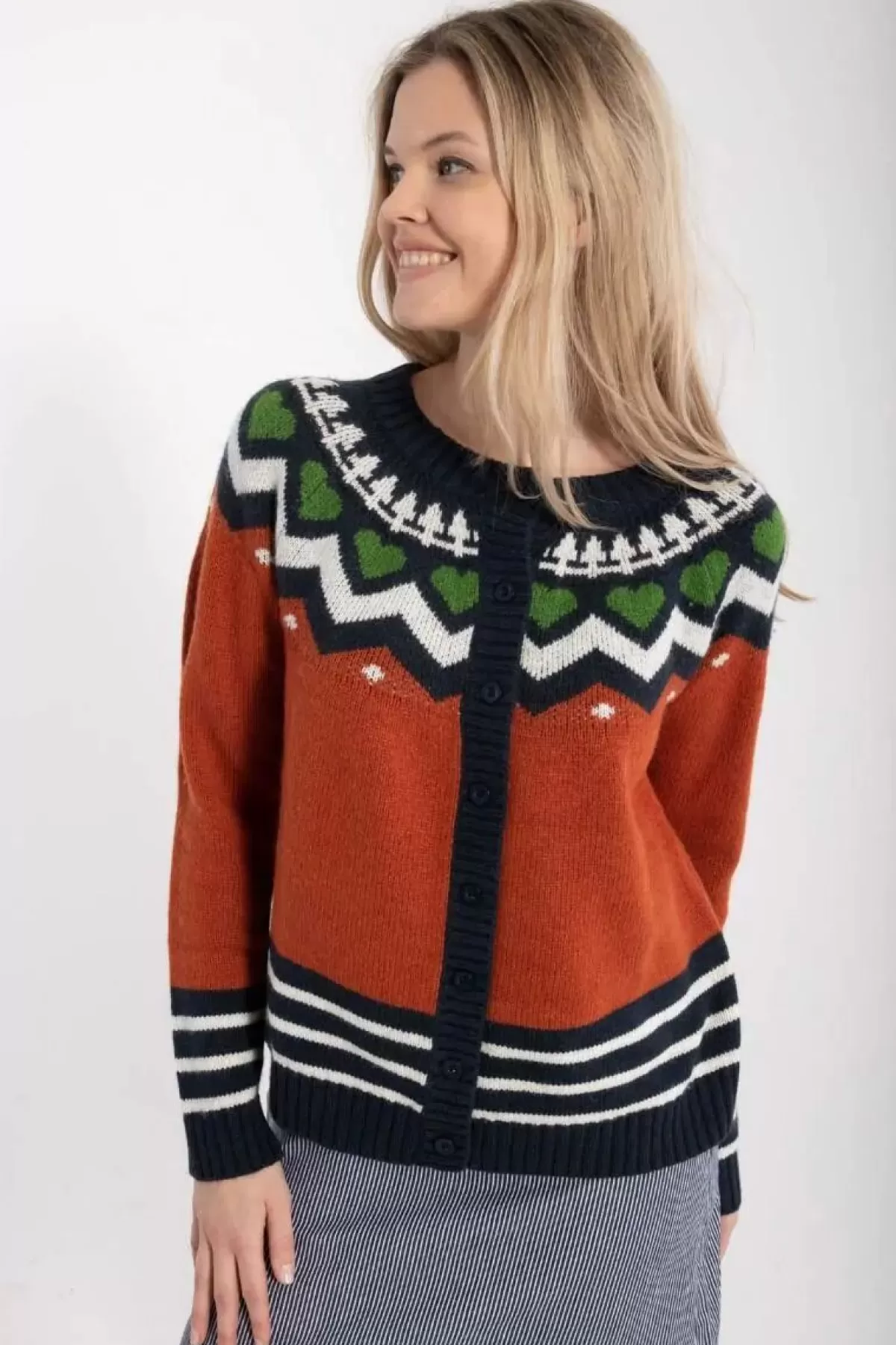 Danehareskov - Cardigan Donna in Tinta Mattonella, Blu Marino e Crema - Maglione Casual con Finiture Contrastanti