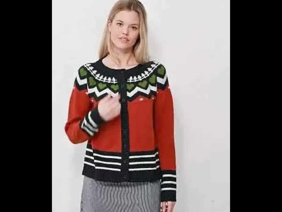 Danehareskov - Cardigan Donna in Tinta Mattonella, Blu Marino e Crema - Maglione Casual con Finiture Contrastanti