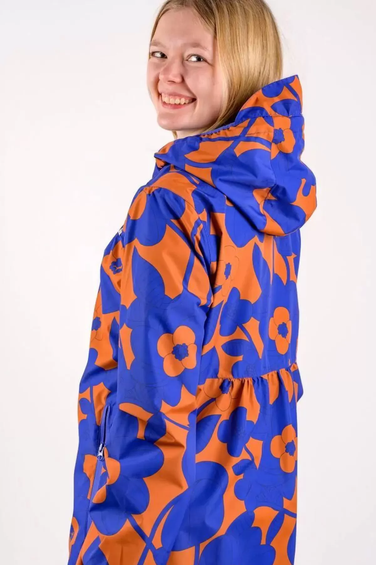 Impermeabile Elegante Dame Danefæ - Blu Oceano e Fioritura Vivace, Giacca Antipioggia Unisex con Cappuccio