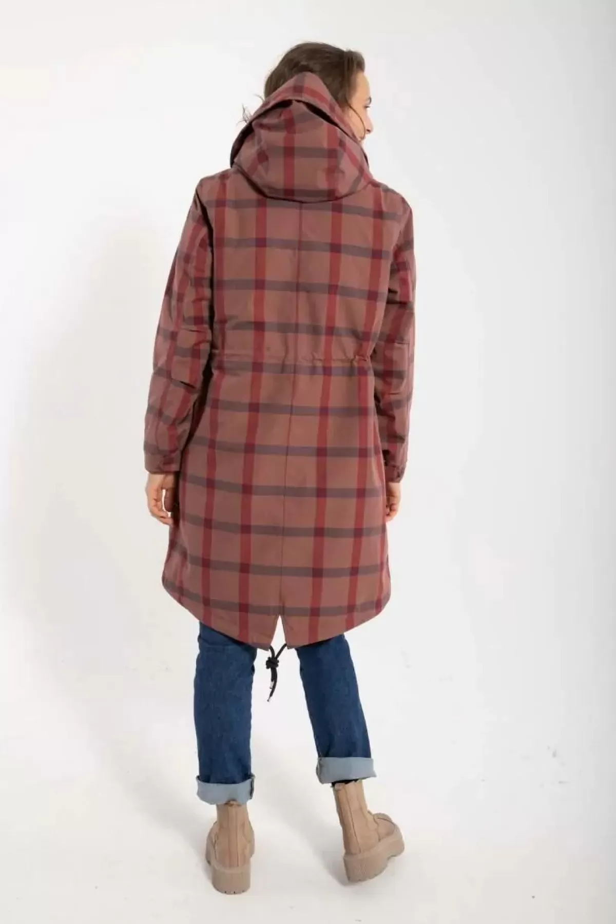 Elegante Parka Invernale Donna Danesvaneke - Fantasia Quadri con Sfumature Rosa Chiaro, Blu Notte e Borgogna