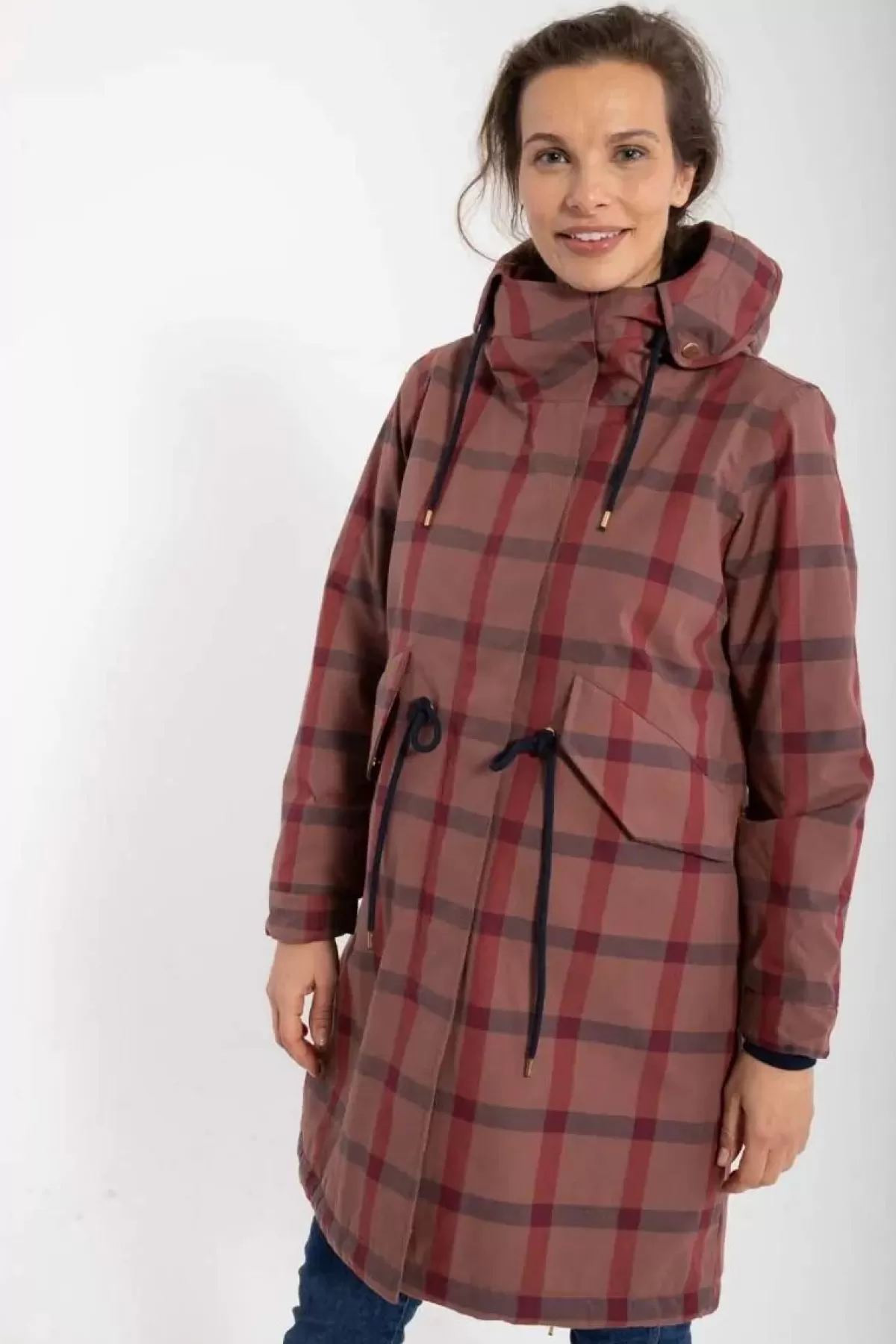 Elegante Parka Invernale Donna Danesvaneke - Fantasia Quadri con Sfumature Rosa Chiaro, Blu Notte e Borgogna