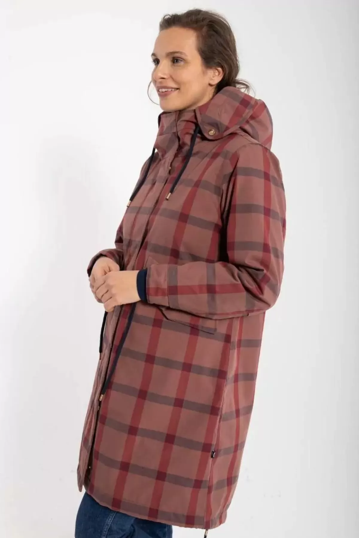 Elegante Parka Invernale Donna Danesvaneke - Fantasia Quadri con Sfumature Rosa Chiaro, Blu Notte e Borgogna