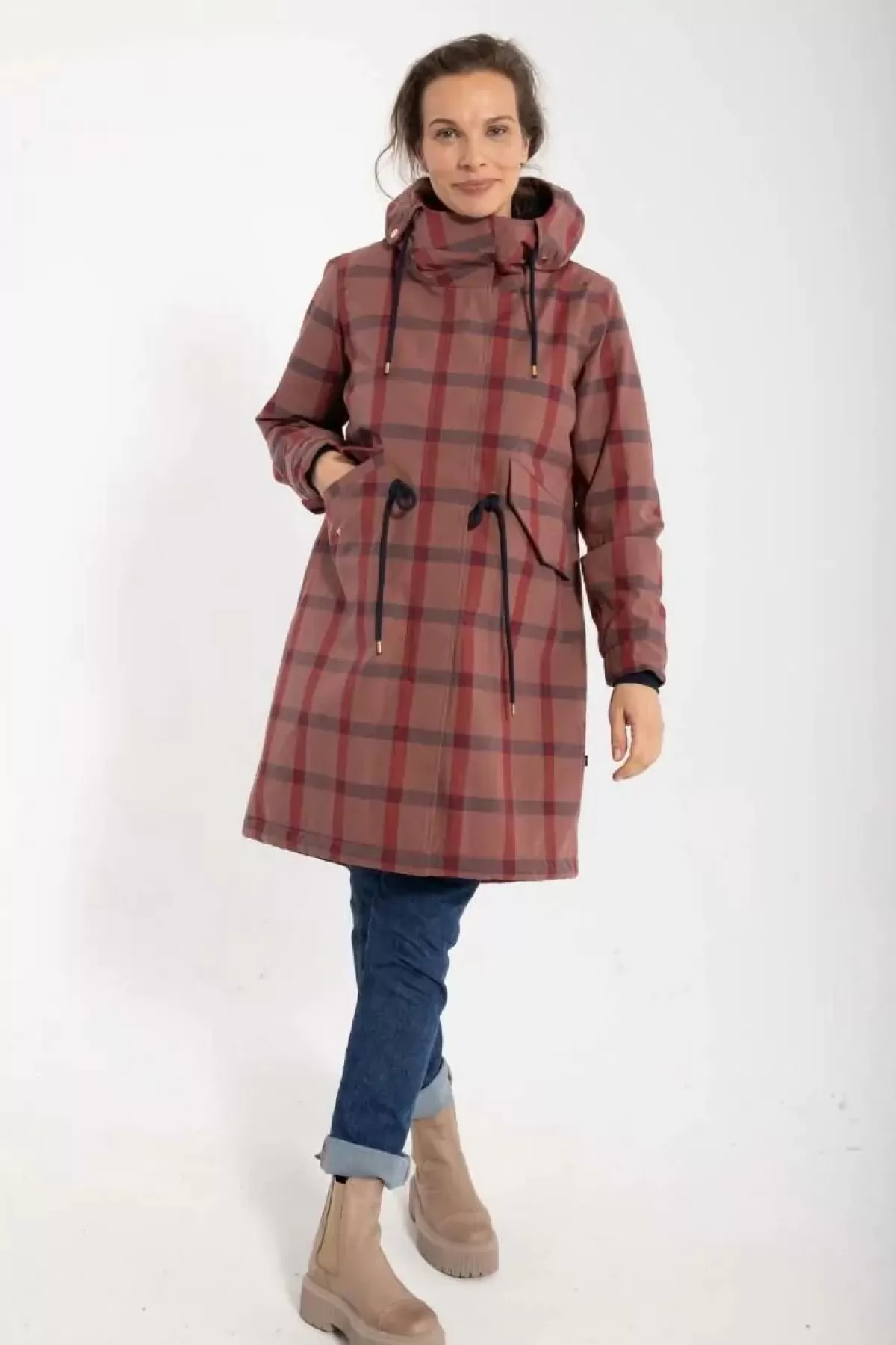Elegante Parka Invernale Donna Danesvaneke - Fantasia Quadri con Sfumature Rosa Chiaro, Blu Notte e Borgogna