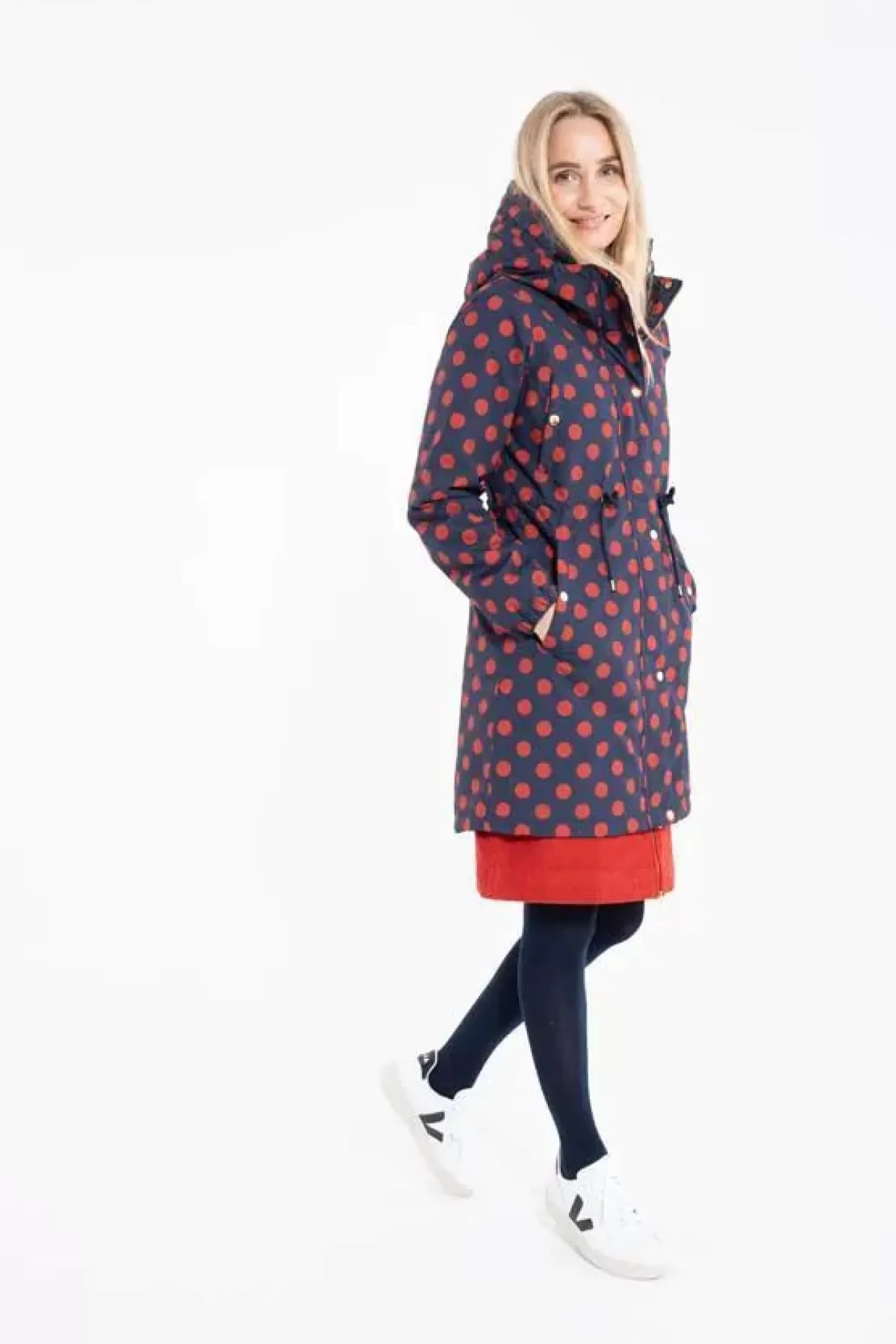 Danflora Giacca Termica Invernale per Donna - Design con Motivo a Pallini in Blu Navy e Ruggine Scuro