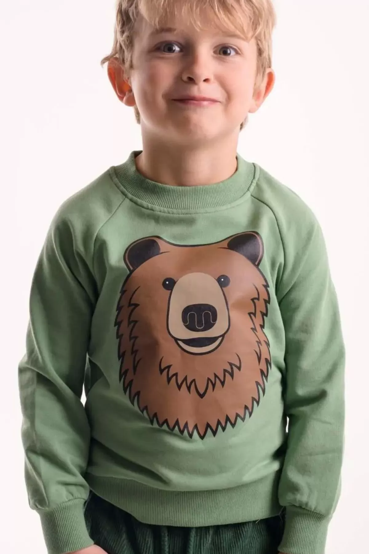 Felpa con Cappuccio Bambini Orso Salvia Bruno - Design Carino e Morbido, Collezione Danefæ Dyrbellow Ispirato alla Natura