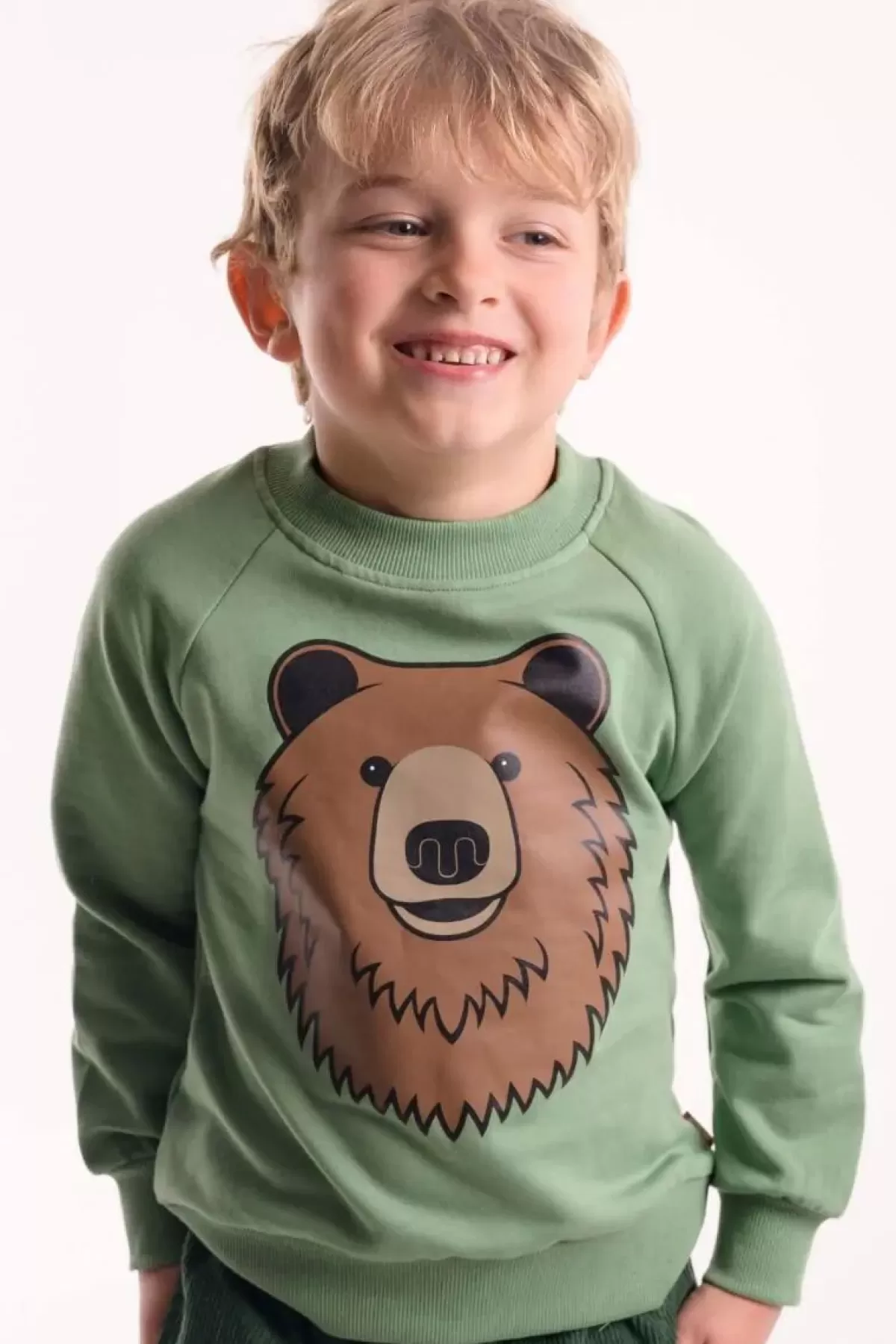 Felpa con Cappuccio Bambini Orso Salvia Bruno - Design Carino e Morbido, Collezione Danefæ Dyrbellow Ispirato alla Natura