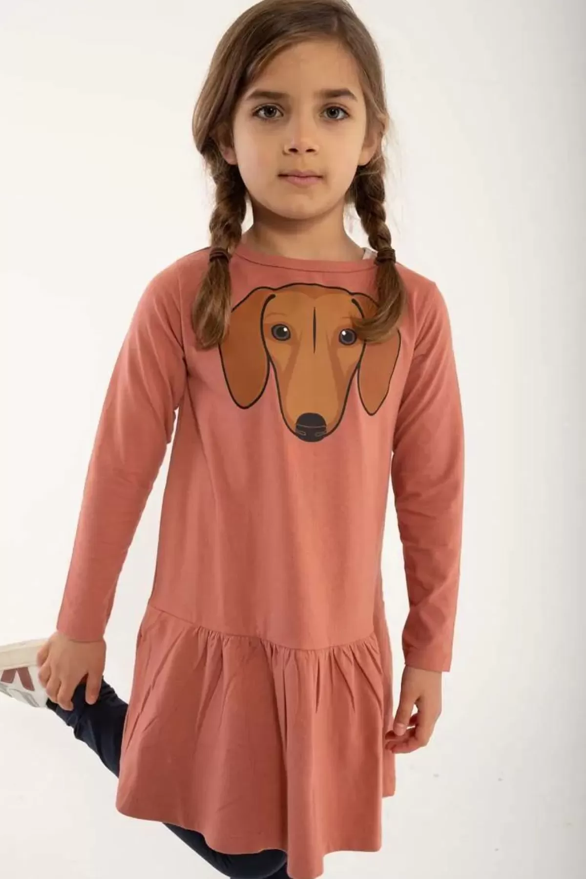 Vestito Bambina Rosa Antico con Stampa Bassotto - Abito Lunghe Maniche Danefæ per Ragazze