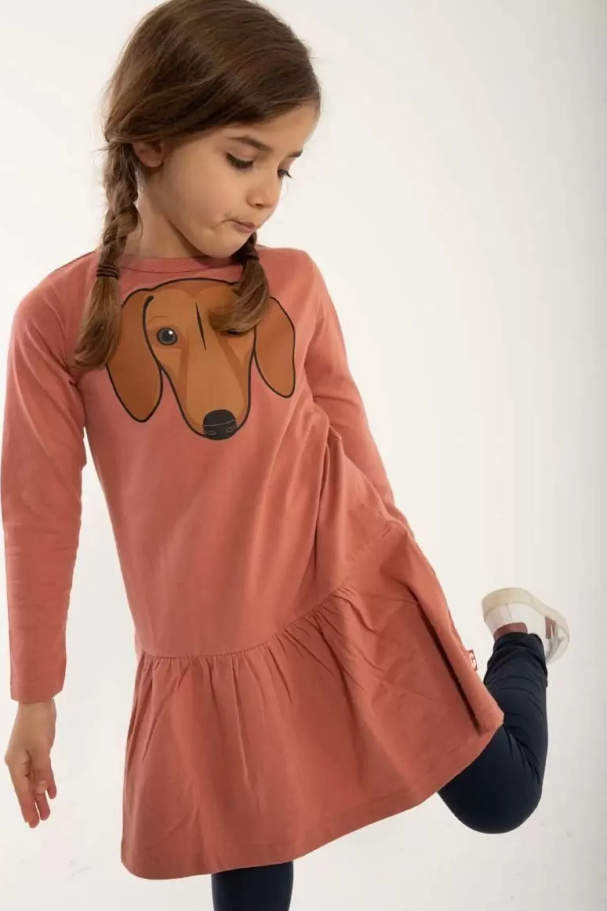 Vestito Bambina Rosa Antico con Stampa Bassotto - Abito Lunghe Maniche Danefæ per Ragazze