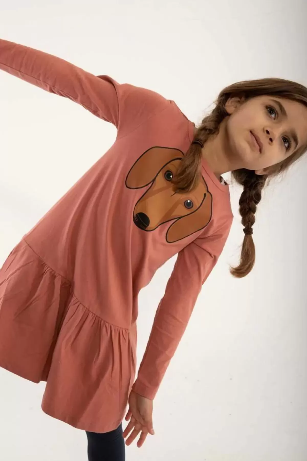 Vestito Bambina Rosa Antico con Stampa Bassotto - Abito Lunghe Maniche Danefæ per Ragazze