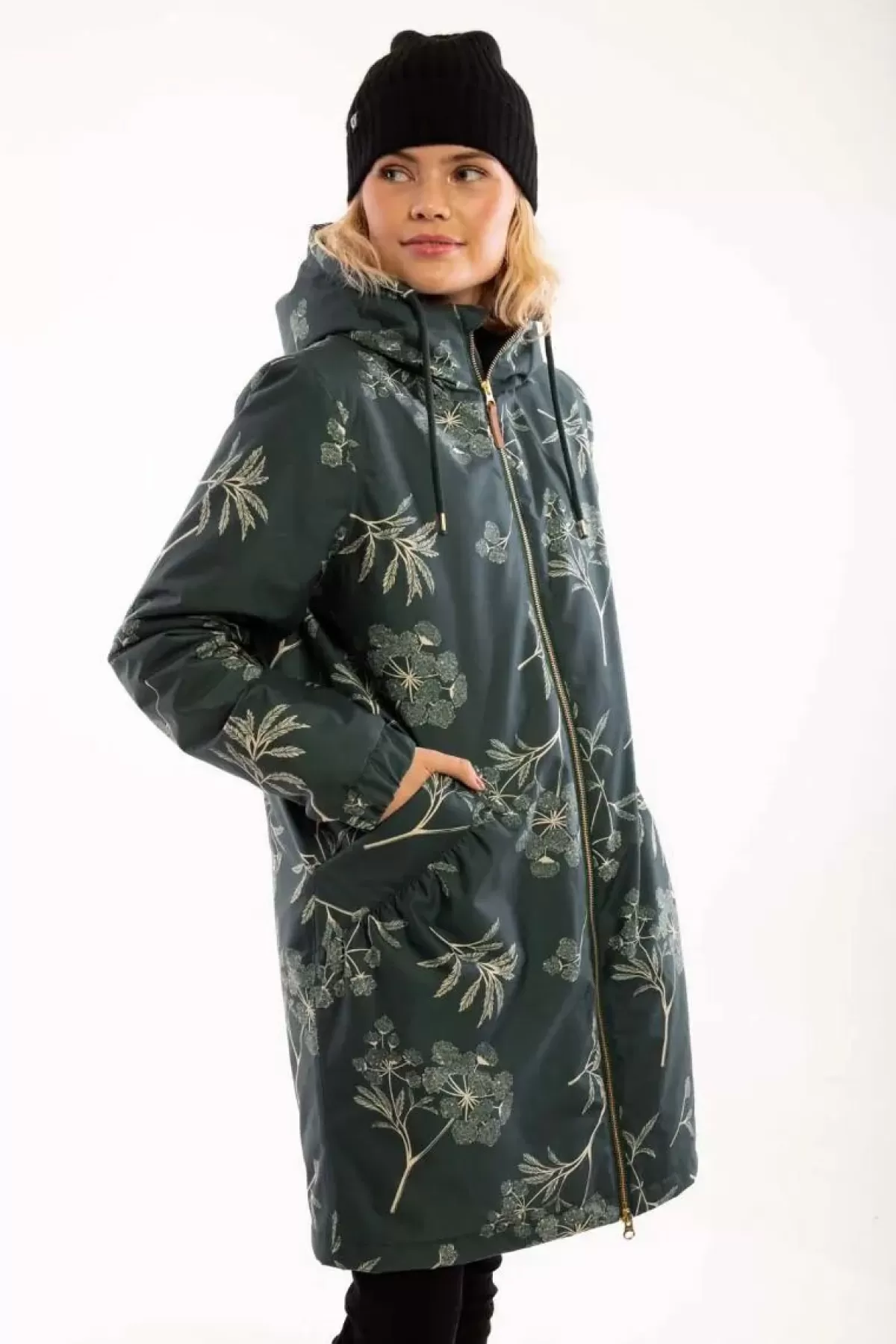 Dame Danefæ Gurli - Giacca Invernale Elegante con Cappuccio, Nero Verde e Beige Chiaro - Design Moderno per Freddo Intenso