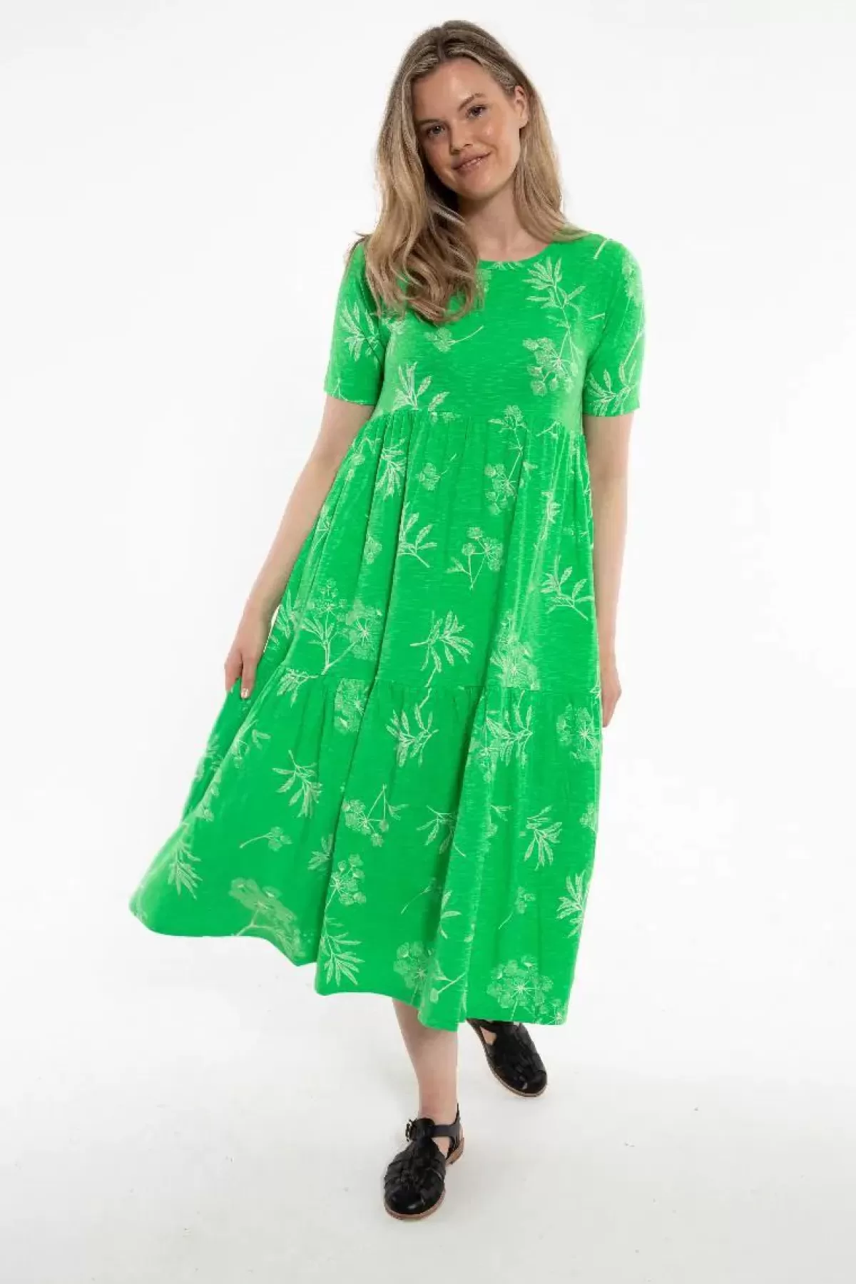 Abito casual in jersey slub biologico - Vestito primaverile verde bosco con finiture ispirate allo stile danese e dettagli bohemien