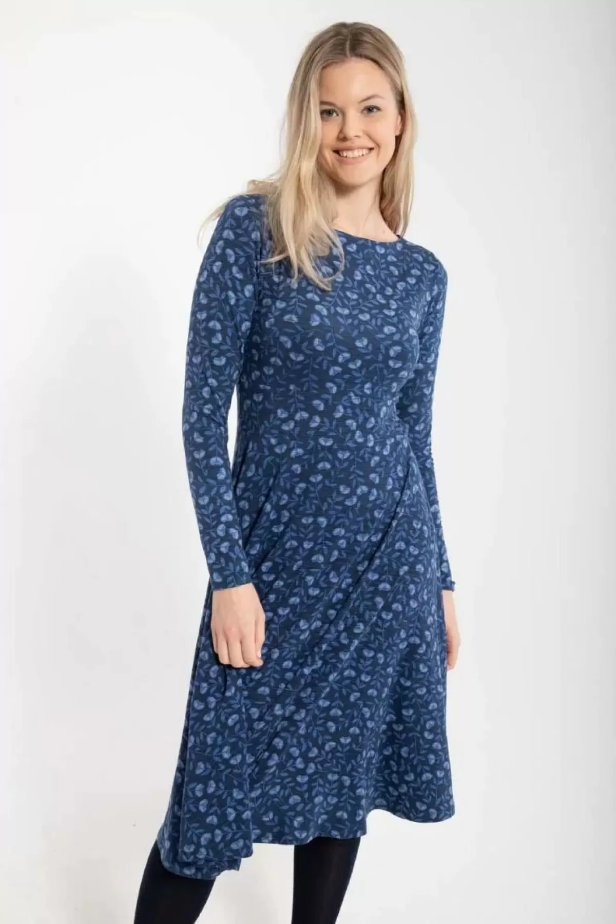 Dame Danefæ - Abito Elegante in Viscosa Organica, Modello Danesigrid Blu Marino Ghiacciato con Stampa Floreale