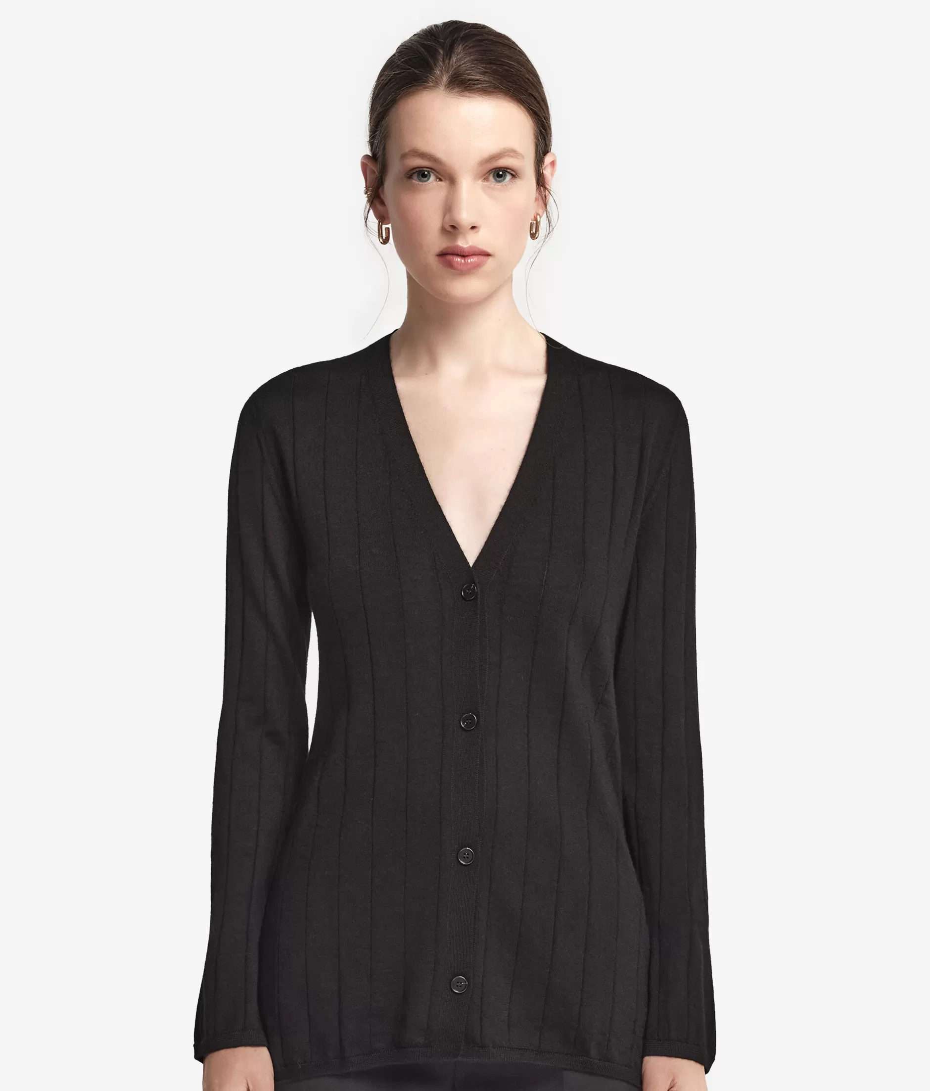 Hot Falconeri - Cardigan in Cashmere Superfine con Scollo a V e Coste Larghe - Nero Mod. 9107