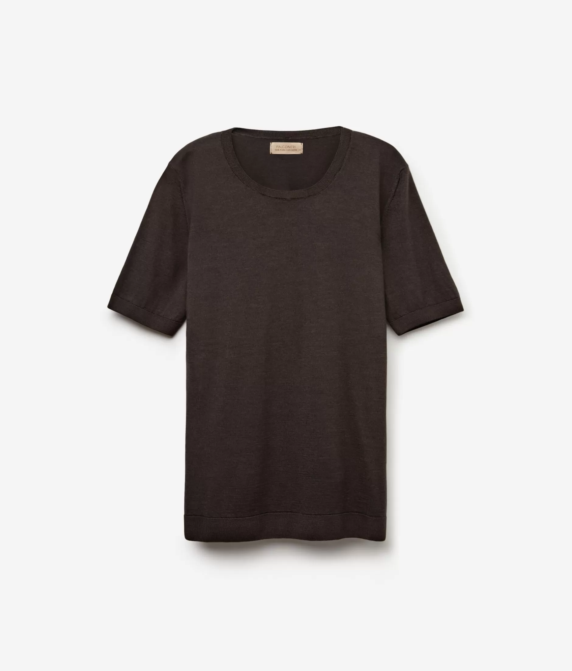 Maglione in cashmere ultrafine Falconeri con maniche corte - tonalità cioccolato fondente ottenuta con tintura a freddo post-confezione. Morbido capo base per look casual raffinato.