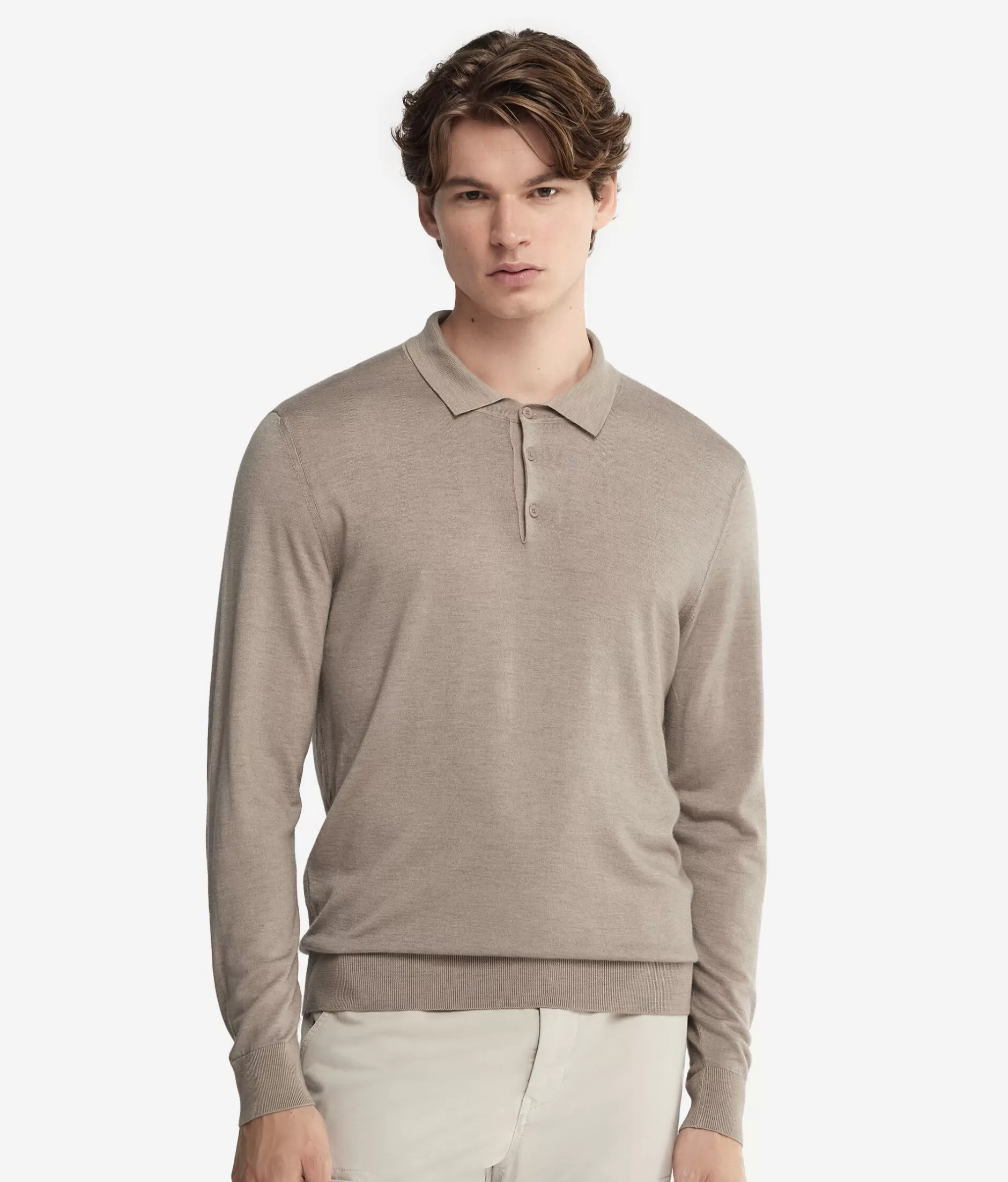Maglioncino Polo in Cashmere Ultrafine Falconeri Clearance - Tinto a macchina nella nuance sabbia naturale con rifiniture artigianali
