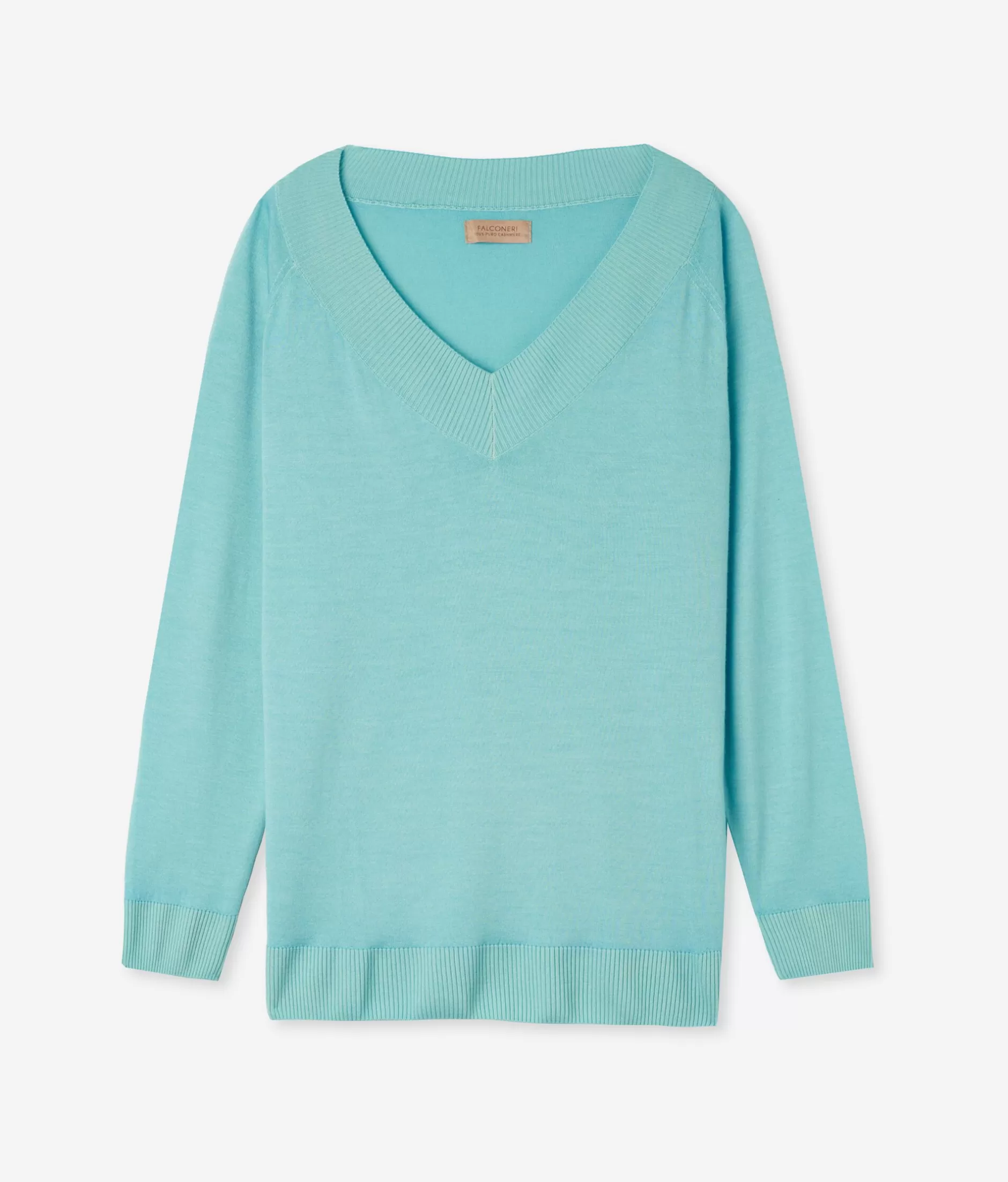 Falconeri Maglione in Cashmere Superfine - Scollo a V Blu Oltremare con Tinto a Mare - Mod. 8980