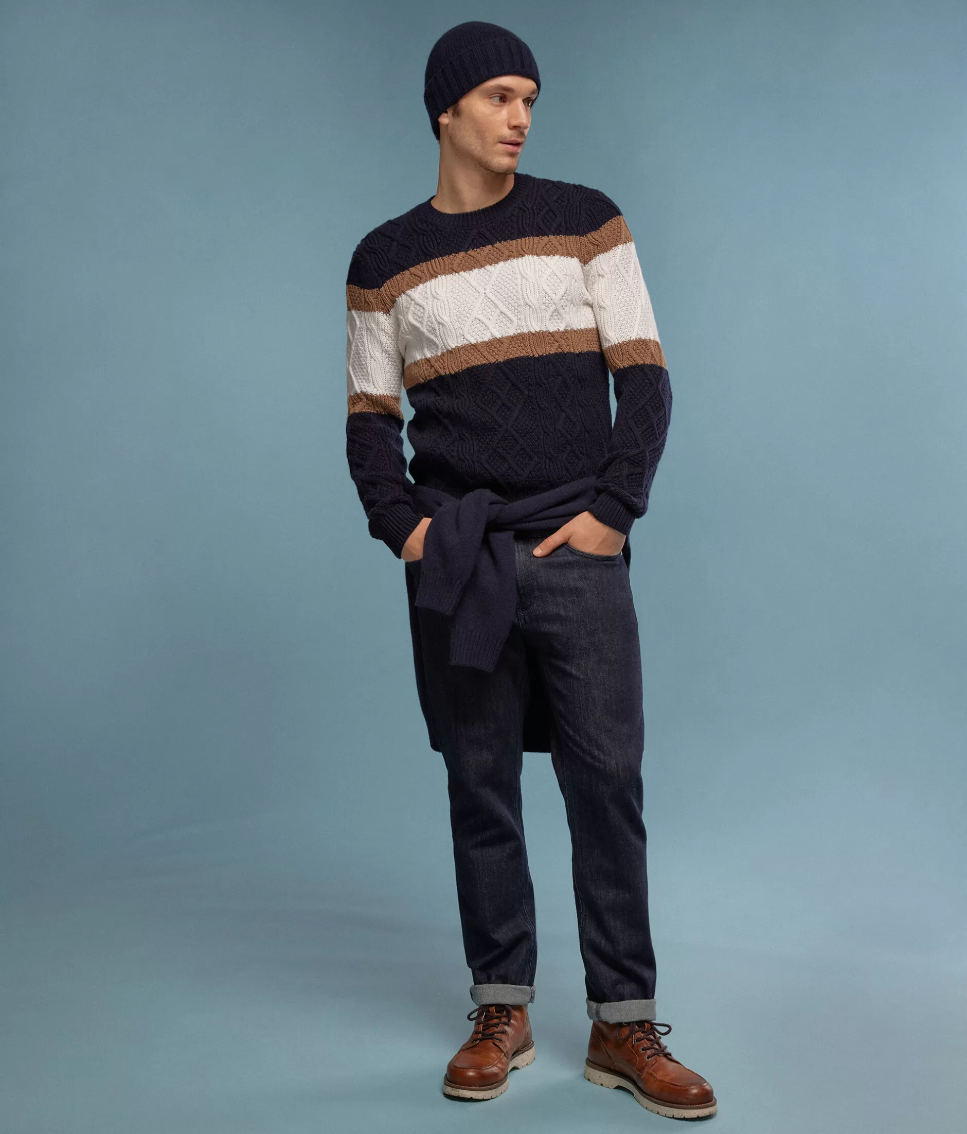 Falconeri Maglione Fisherman in Cashmere Super Morbido - Blu Mare con Dettagli a Righe, Conforto Senza Tempo