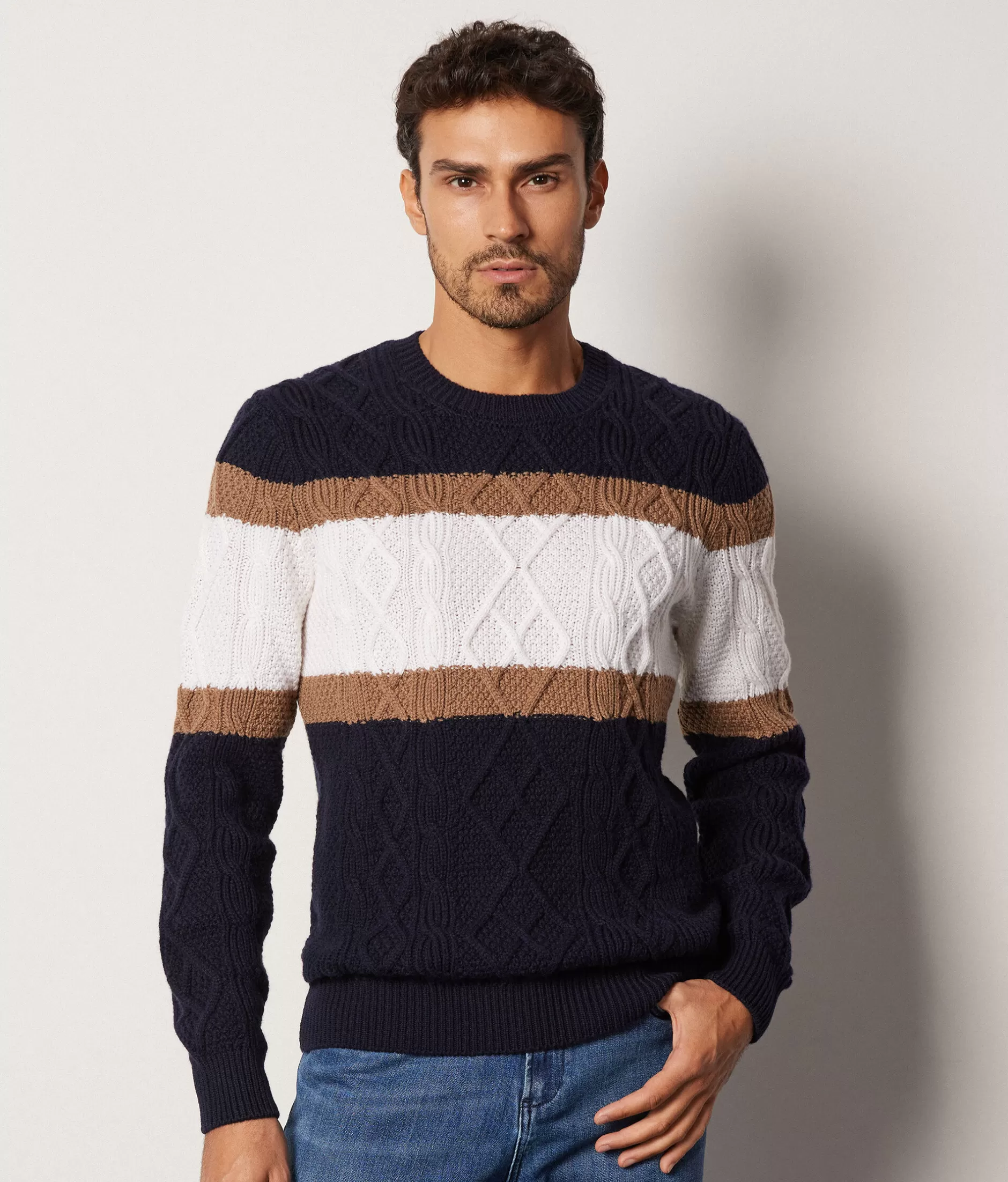 Falconeri Maglione Fisherman in Cashmere Super Morbido - Blu Mare con Dettagli a Righe, Conforto Senza Tempo