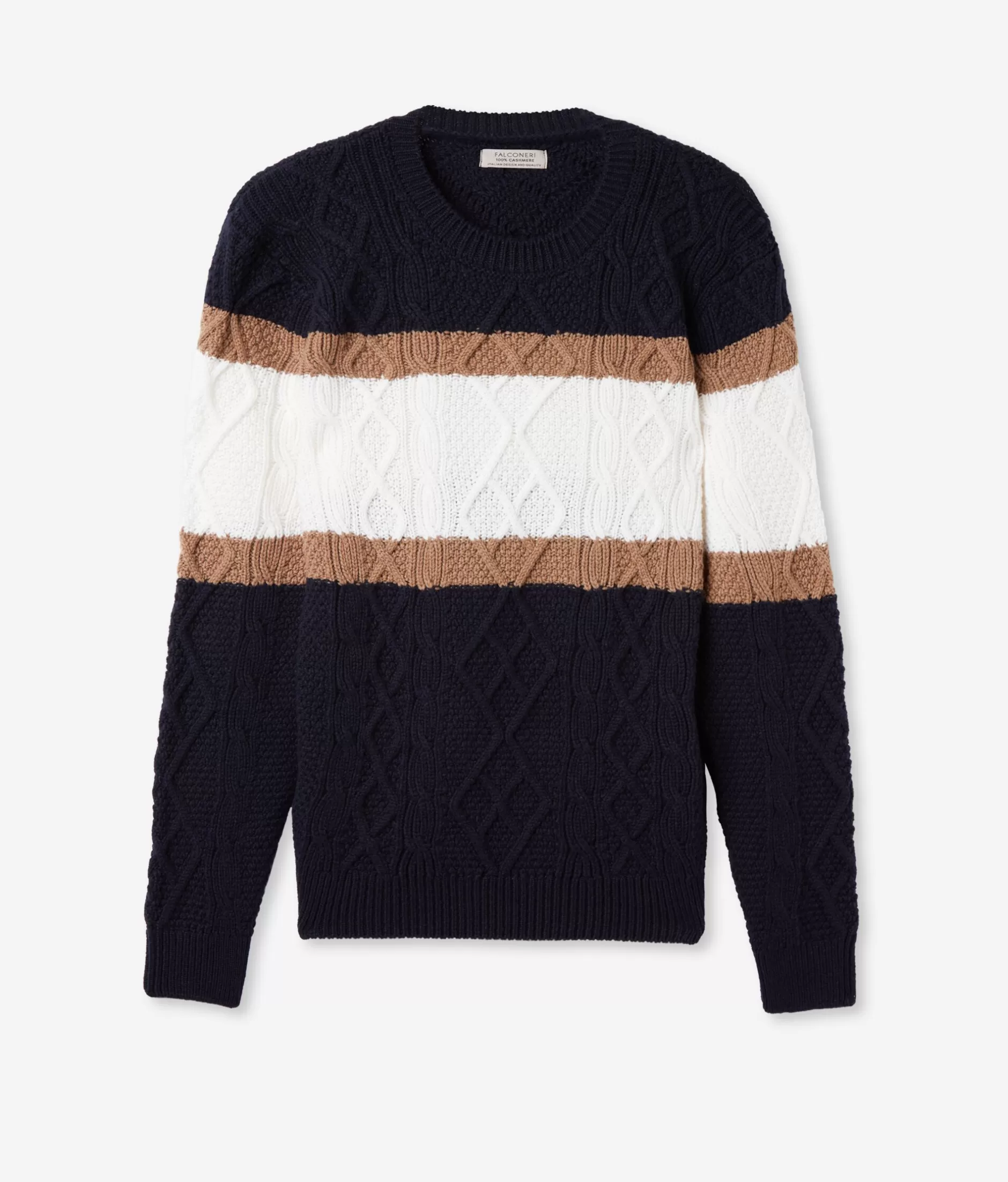 Falconeri Maglione Fisherman in Cashmere Super Morbido - Blu Mare con Dettagli a Righe, Conforto Senza Tempo