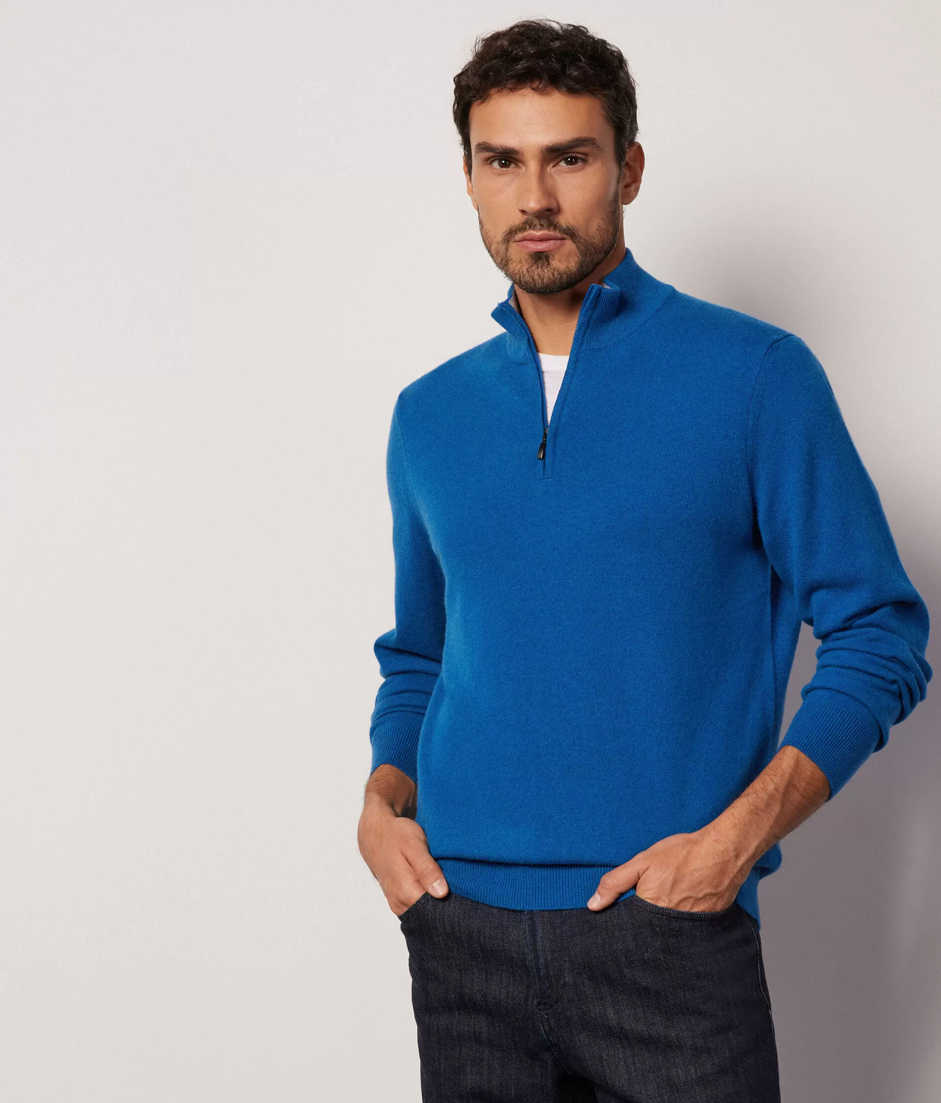 Maglione Elegante Falconeri in Cachemire Ultra Morbido - Collo Alto con Zip Parziale, Blu Genziana Mod. 8946