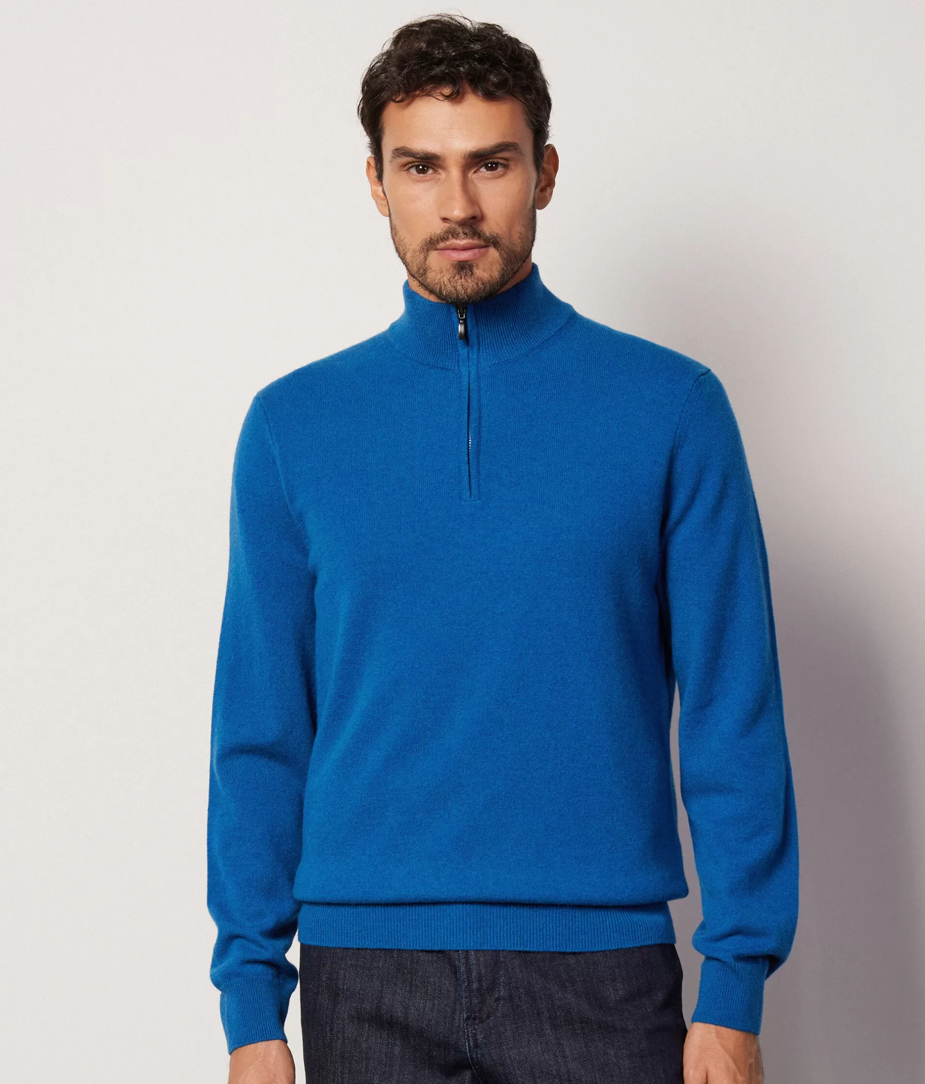 Maglione Elegante Falconeri in Cachemire Ultra Morbido - Collo Alto con Zip Parziale, Blu Genziana Mod. 8946