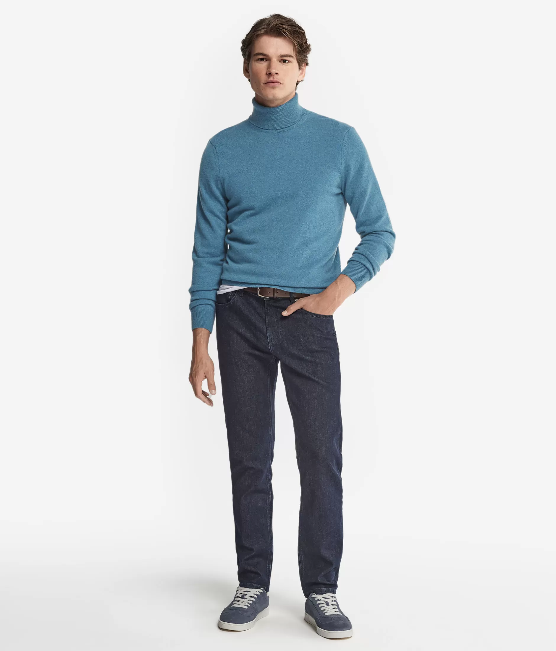 Maglione a Dolcevita in Cashmere Ultra Morbido Falconeri - Blu Chiaro 9066 con Rifiniture in Blu Oxford