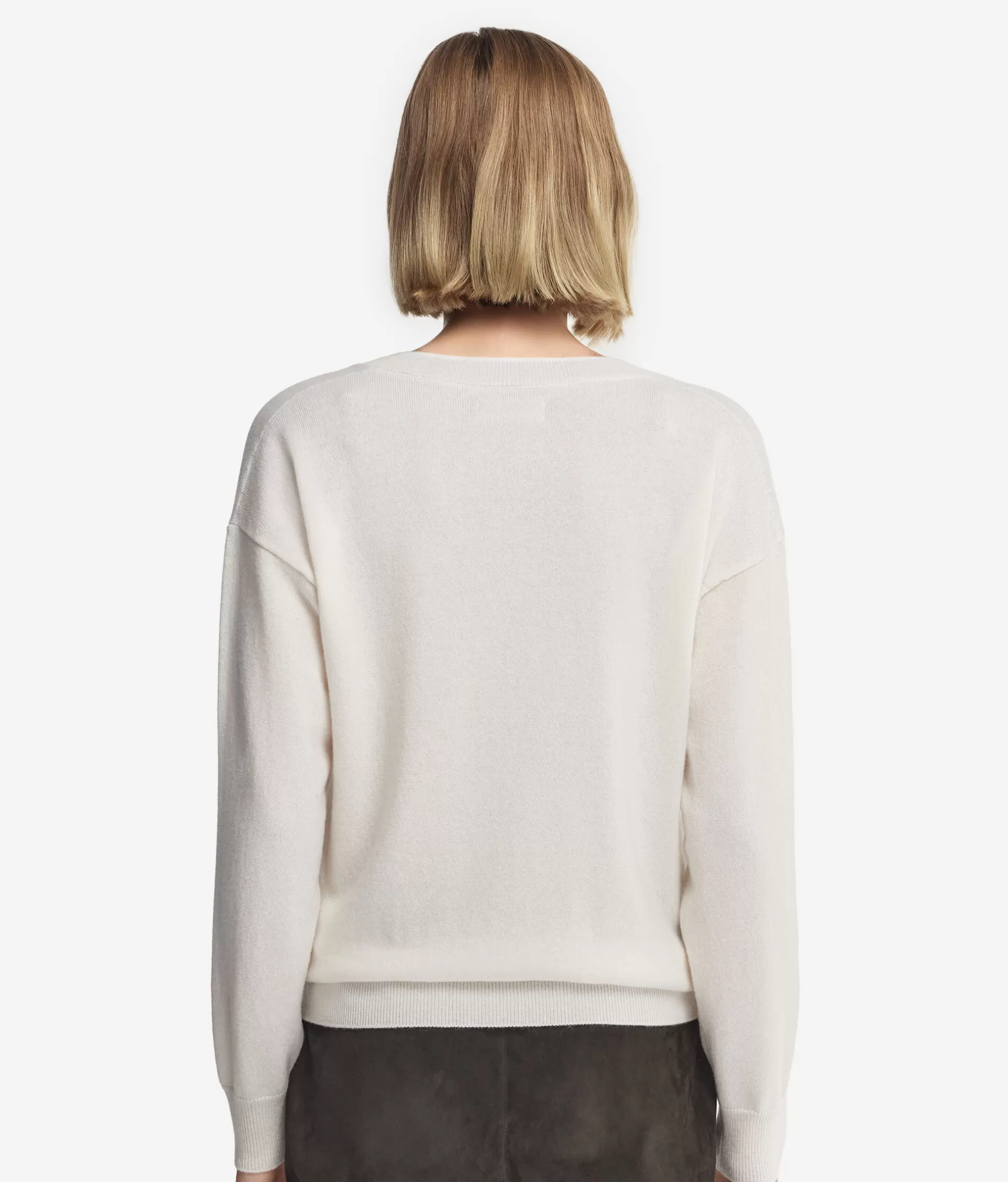 Falconeri Maglione in Cashmere Extra Morbido con Scollo a V, Bianco Nevato - Mod. 8005 con Fiocco Decorativo